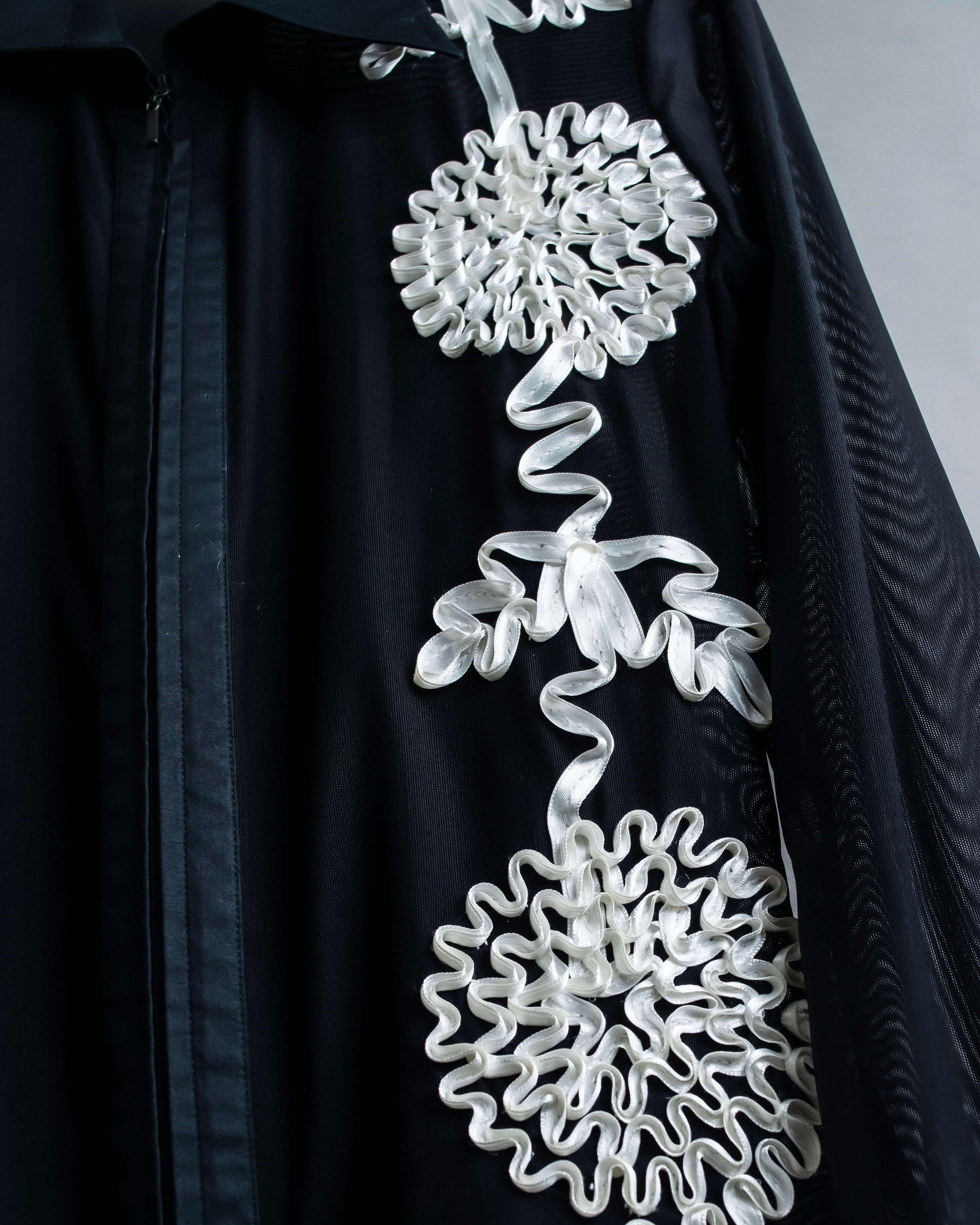 Vintage double zip ribbon flower design sheer jacket