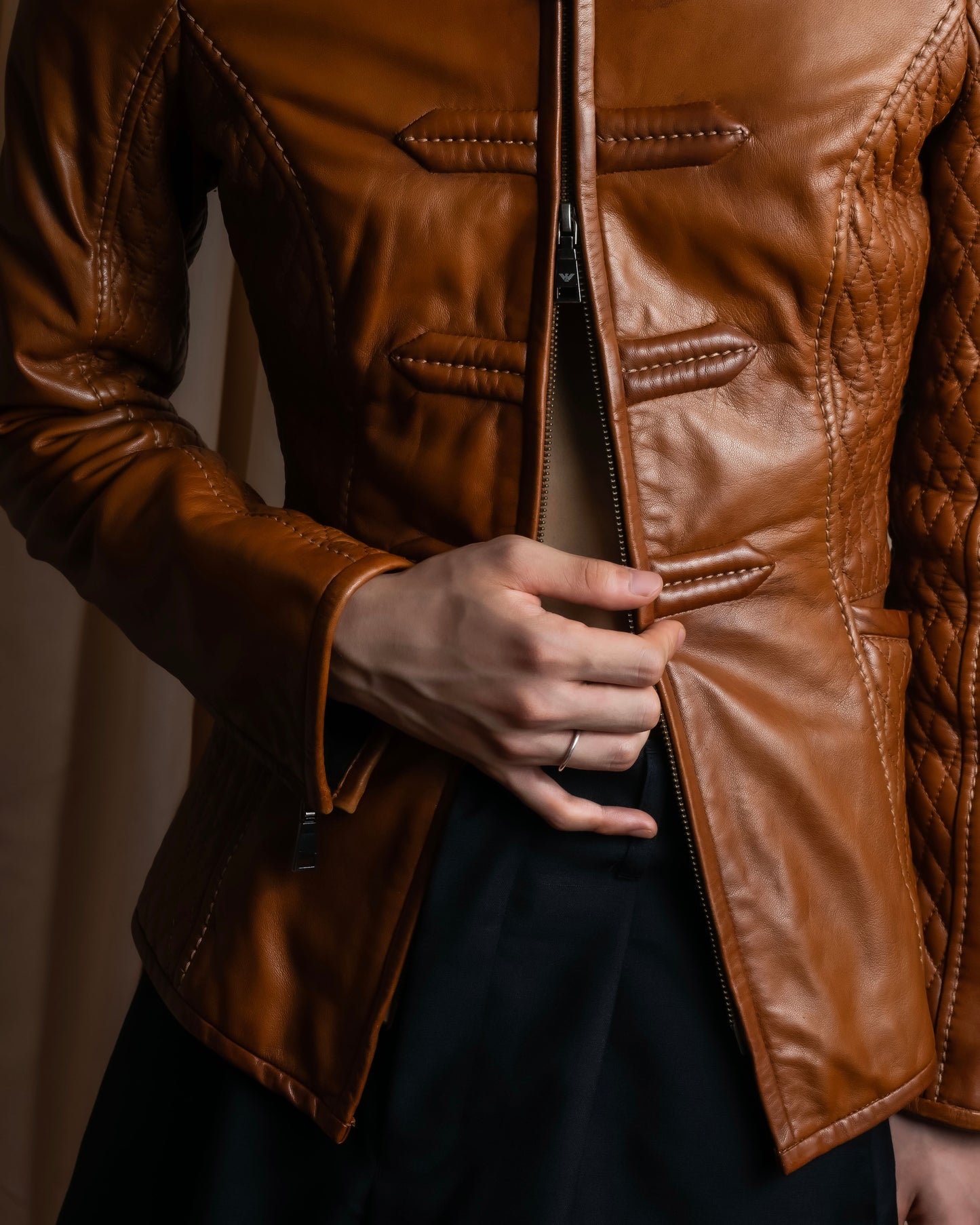 "EMPORIO ARMANI"  Quilted design brown color leather jacket