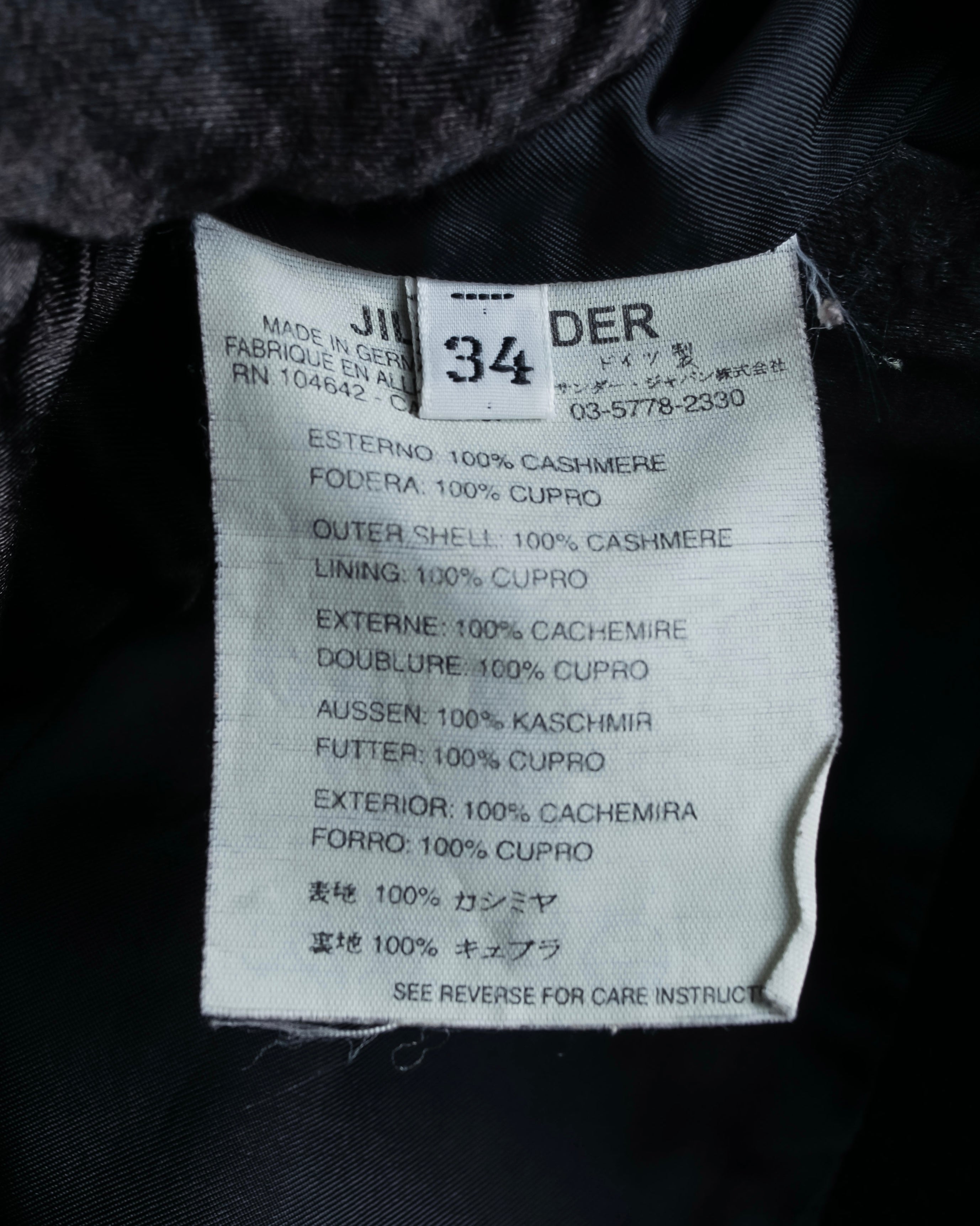 "JIL SANDER" 100% cashmere straight line stand collar coat