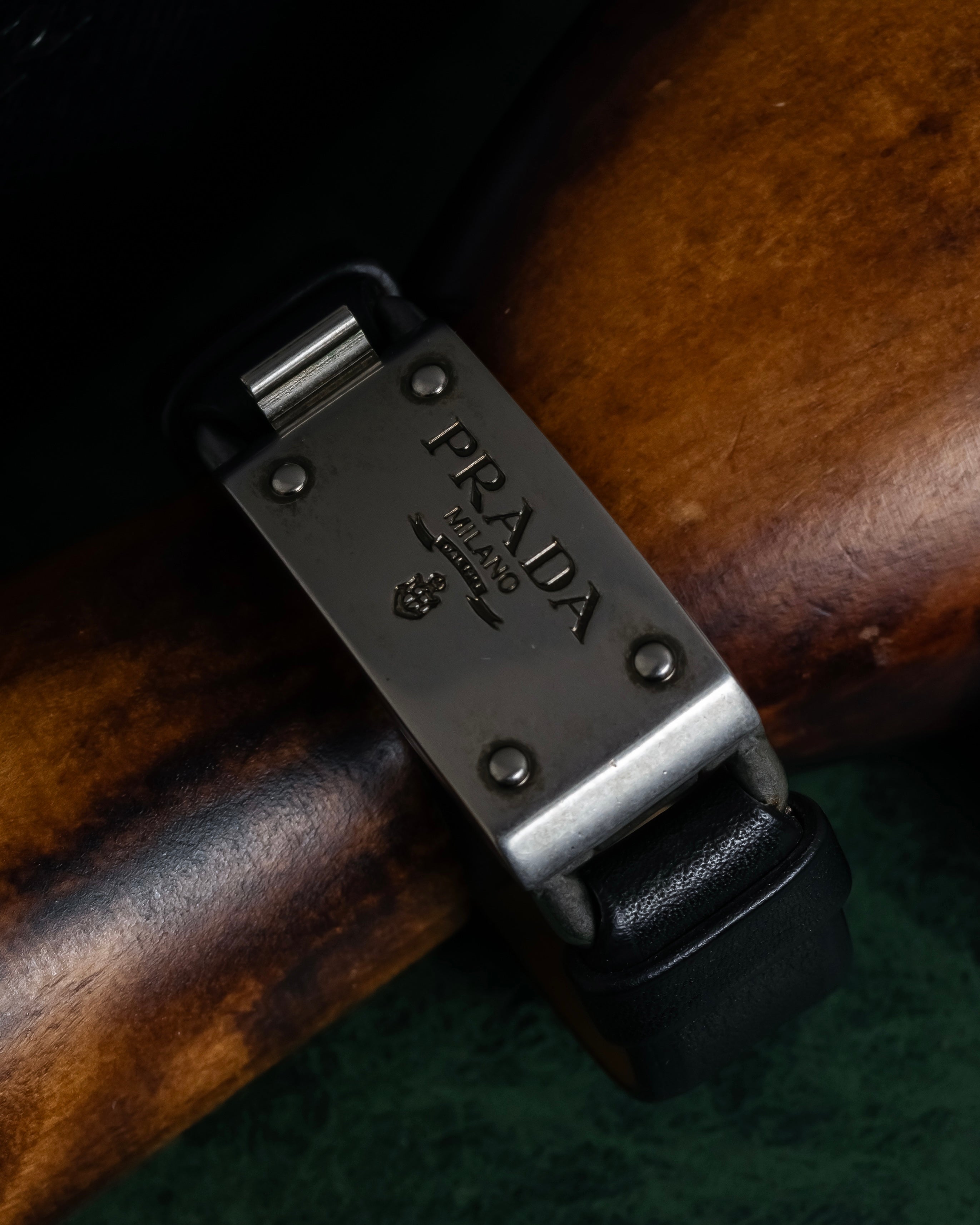 "PRADA" Logo engraved metal plate design leather bracelet