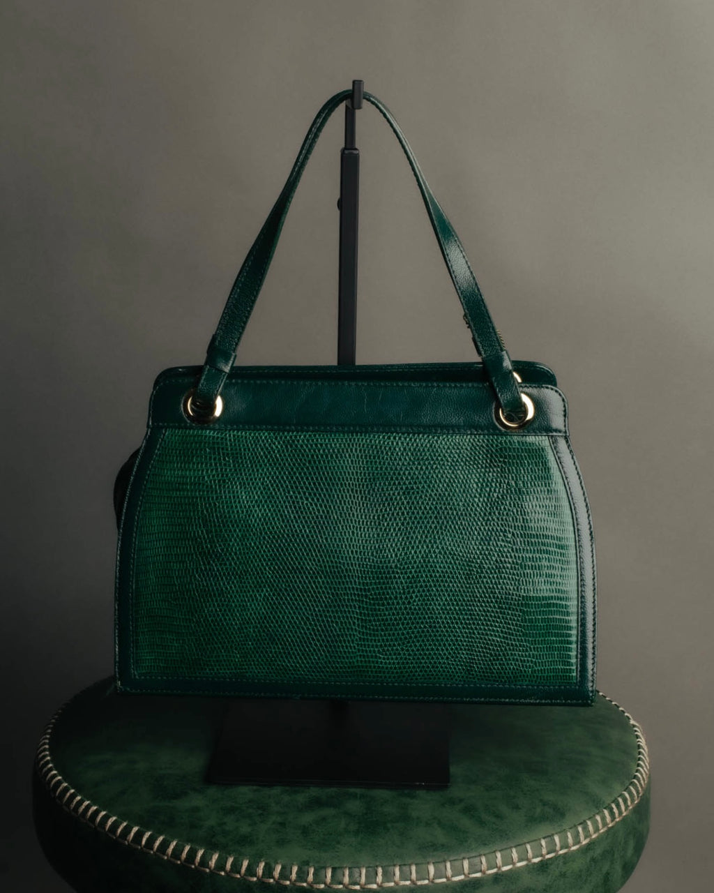 -SPECIAL- "Yves Saint Laurent" 80's-90's Glossy green exotic leather shoulder handbag