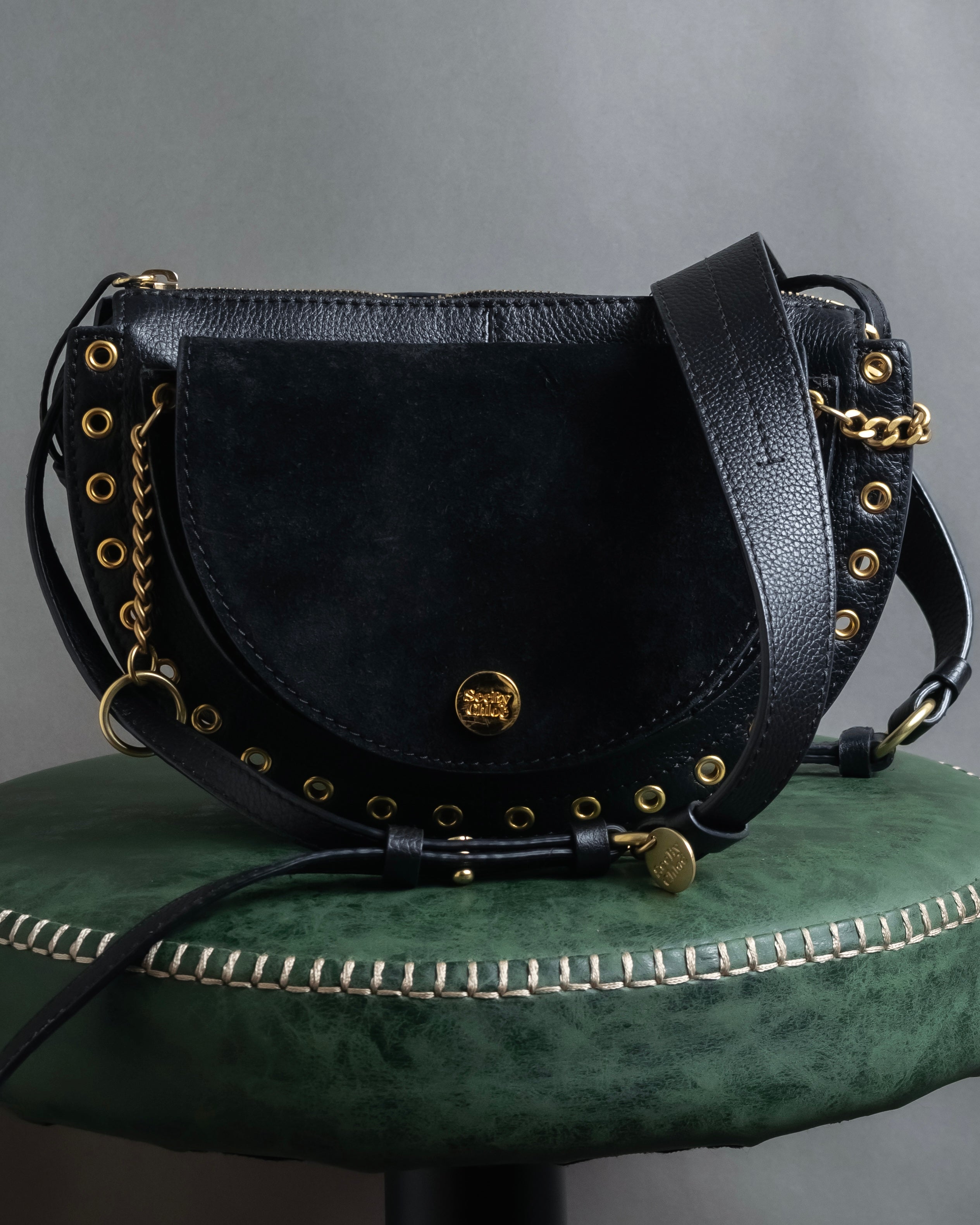 "See by Chloé" Half-moon grommet-detail suede shoulder bag