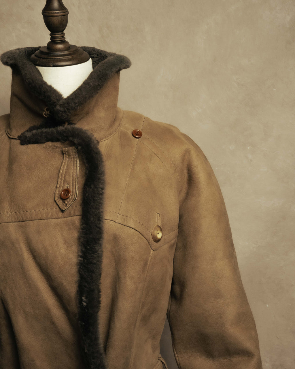 “LOEWE” 70’s-early 90’s Suede shearling belted long coat