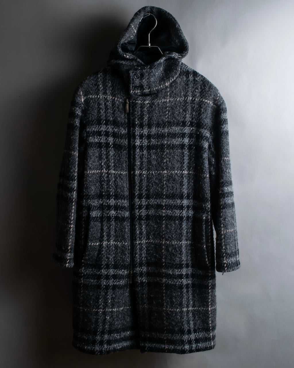 "BURBERRY" Check pattern double zipper hooded coat