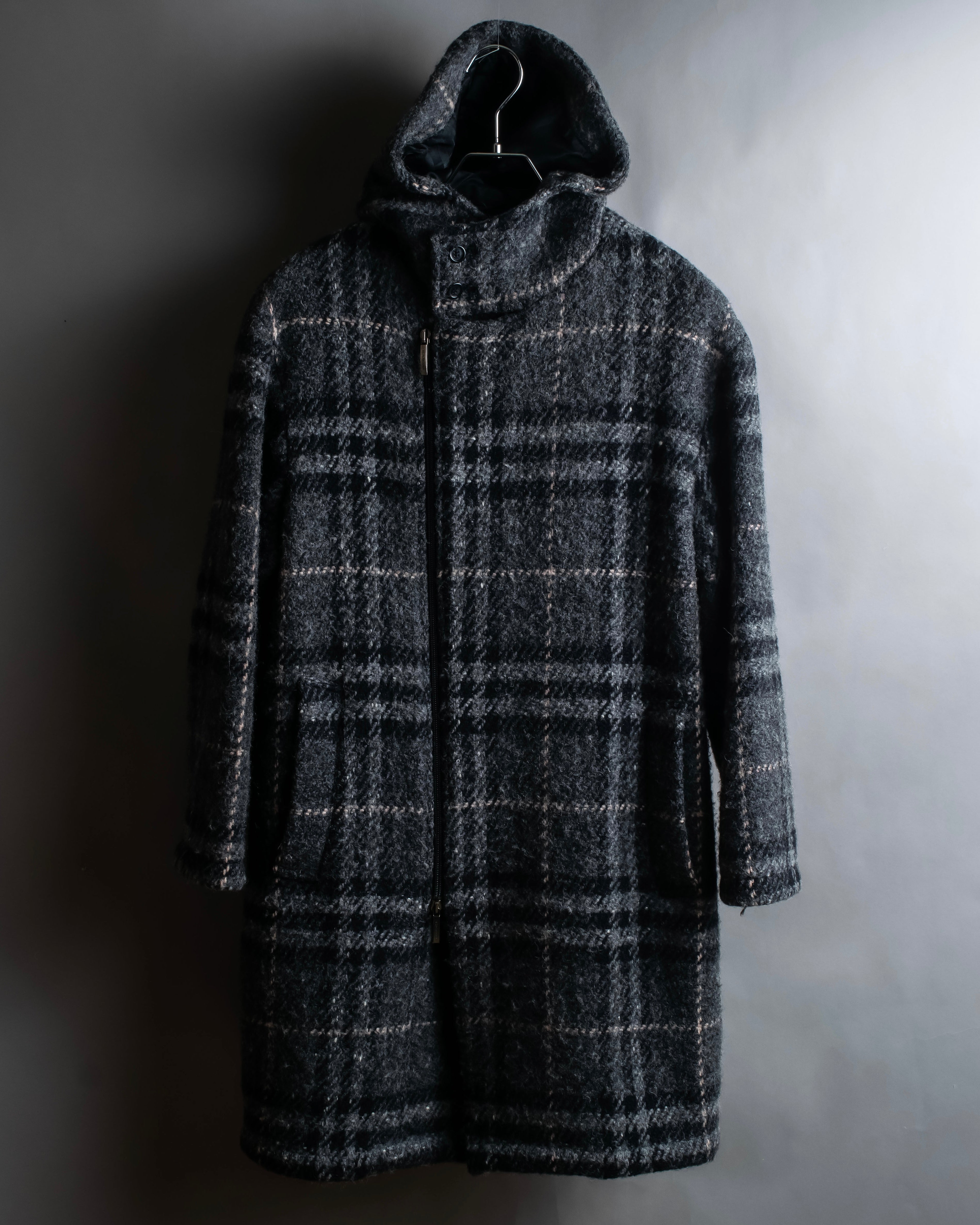 "BURBERRY" Check pattern double zipper hooded coat