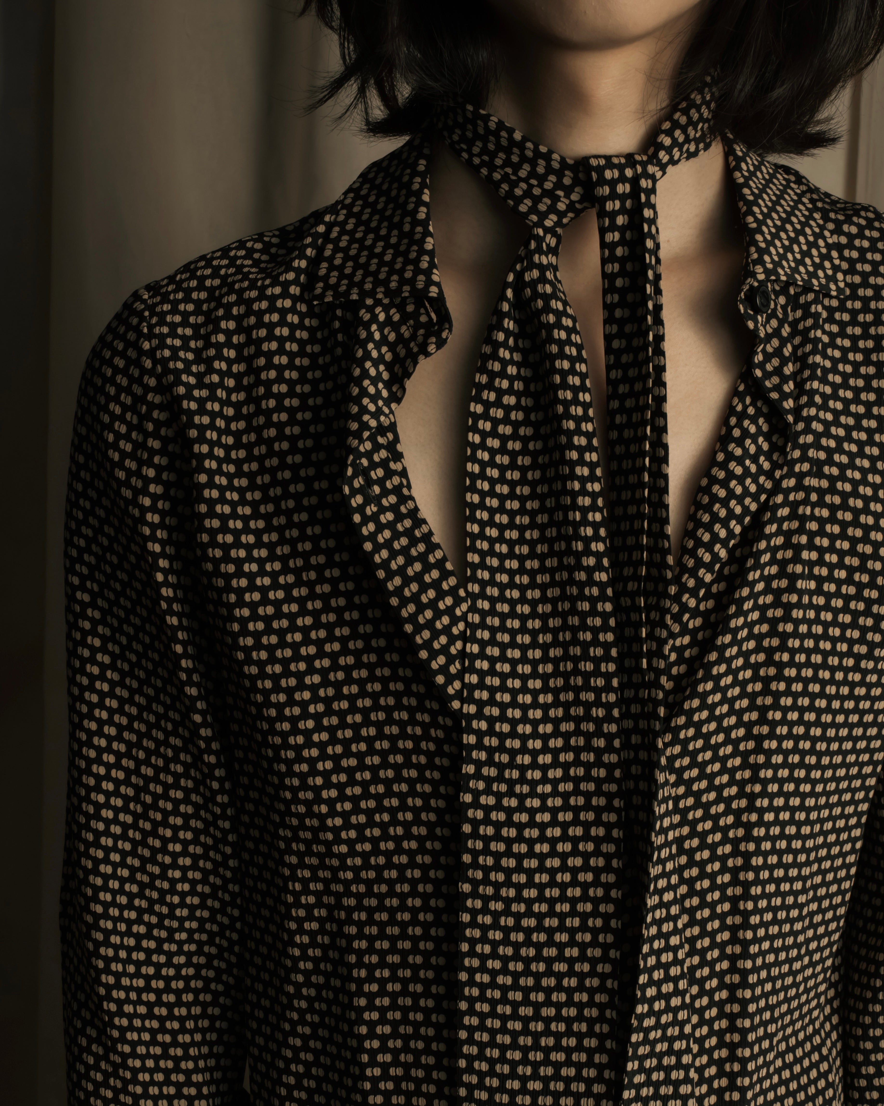 "Christian Dior PRETA PORTER" Ivory polka dot bow tie blouse