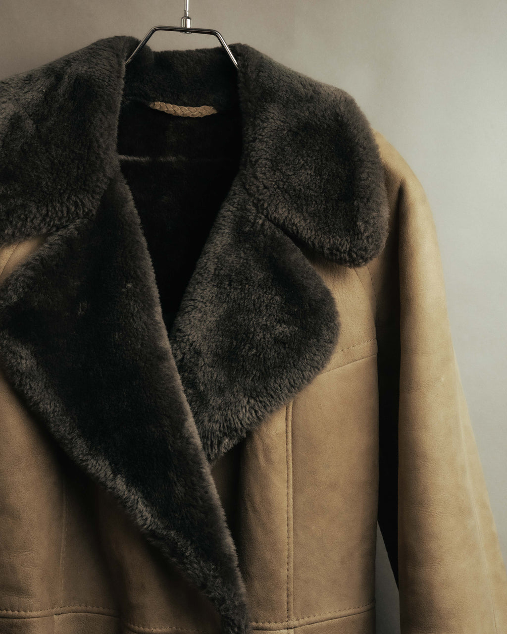 “LOEWE” 70’s-early 90’s Suede shearling belted long coat