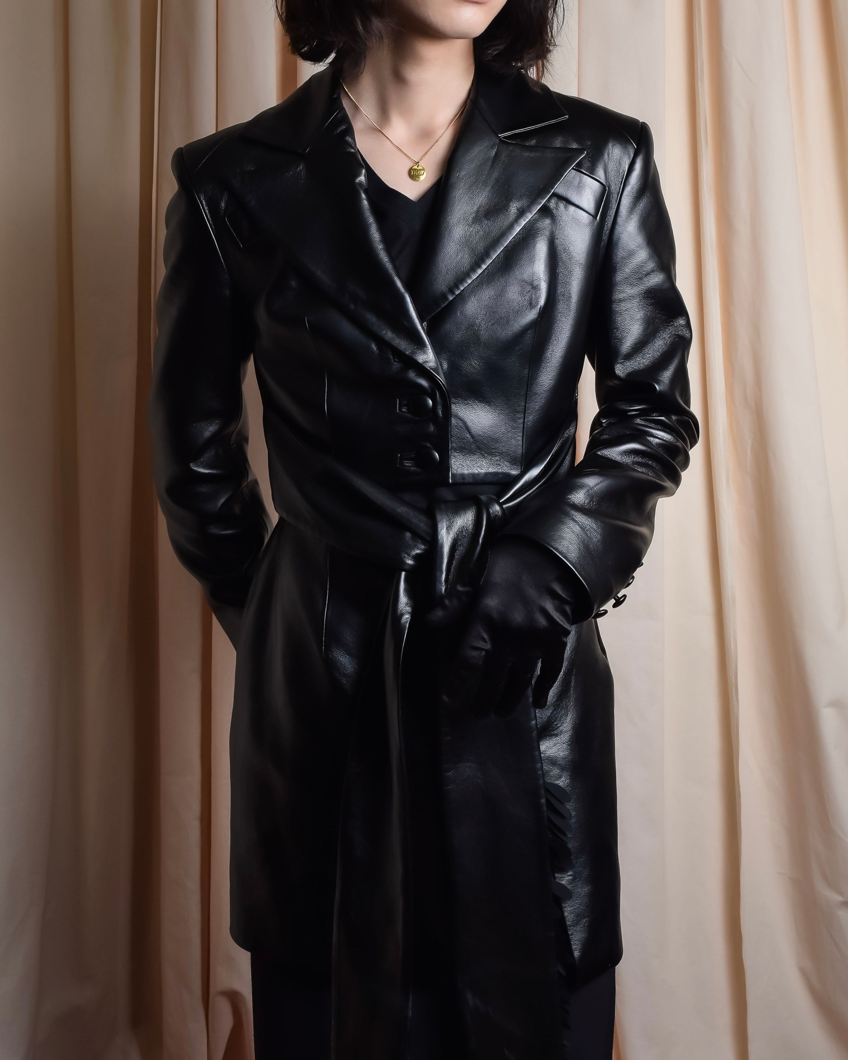 "MATÉRIEL TBILISI" Draped belted synthetic leather long jacket