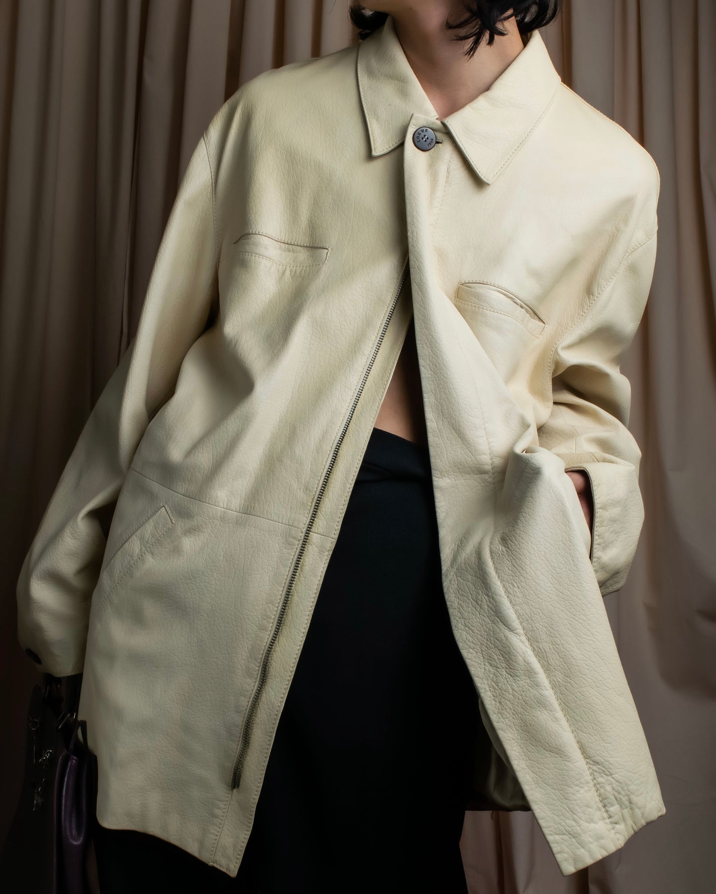 "LOEWE" 100% real leather off white color double zipper mid length coat