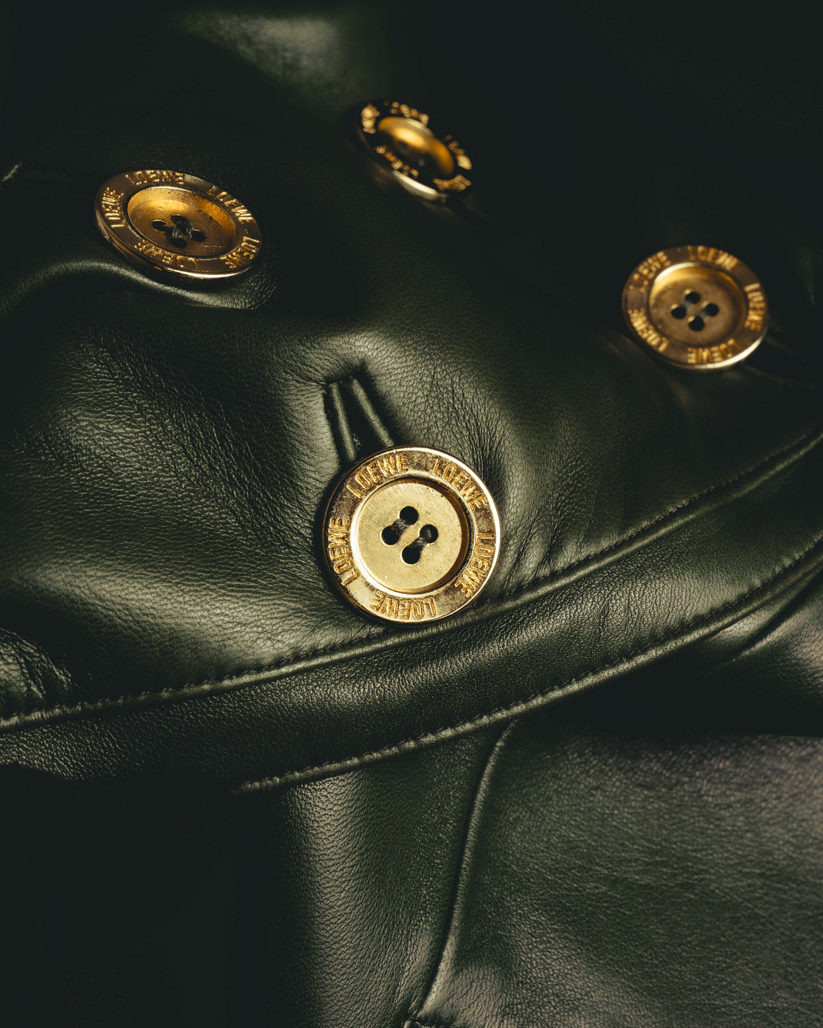-SPECIAL- “LOEWE” 80’s-90’s Gold buttoned olive leather double-breasted tailored jacket