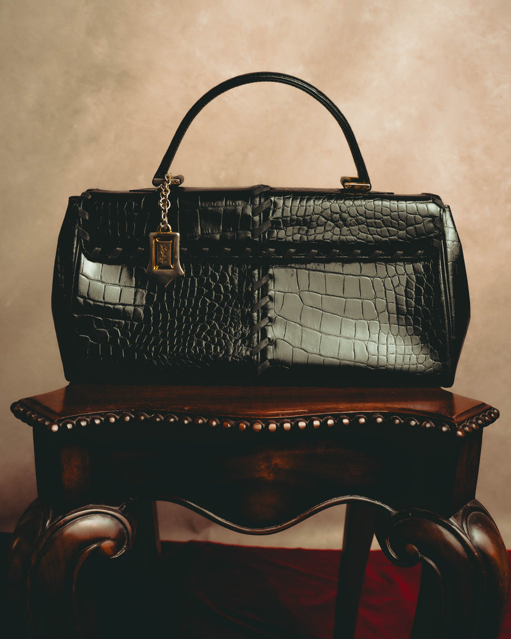 -SPECIAL- “Yves Saint Laurent” 80’s-90’s Crocodile embossed lace-up handbag