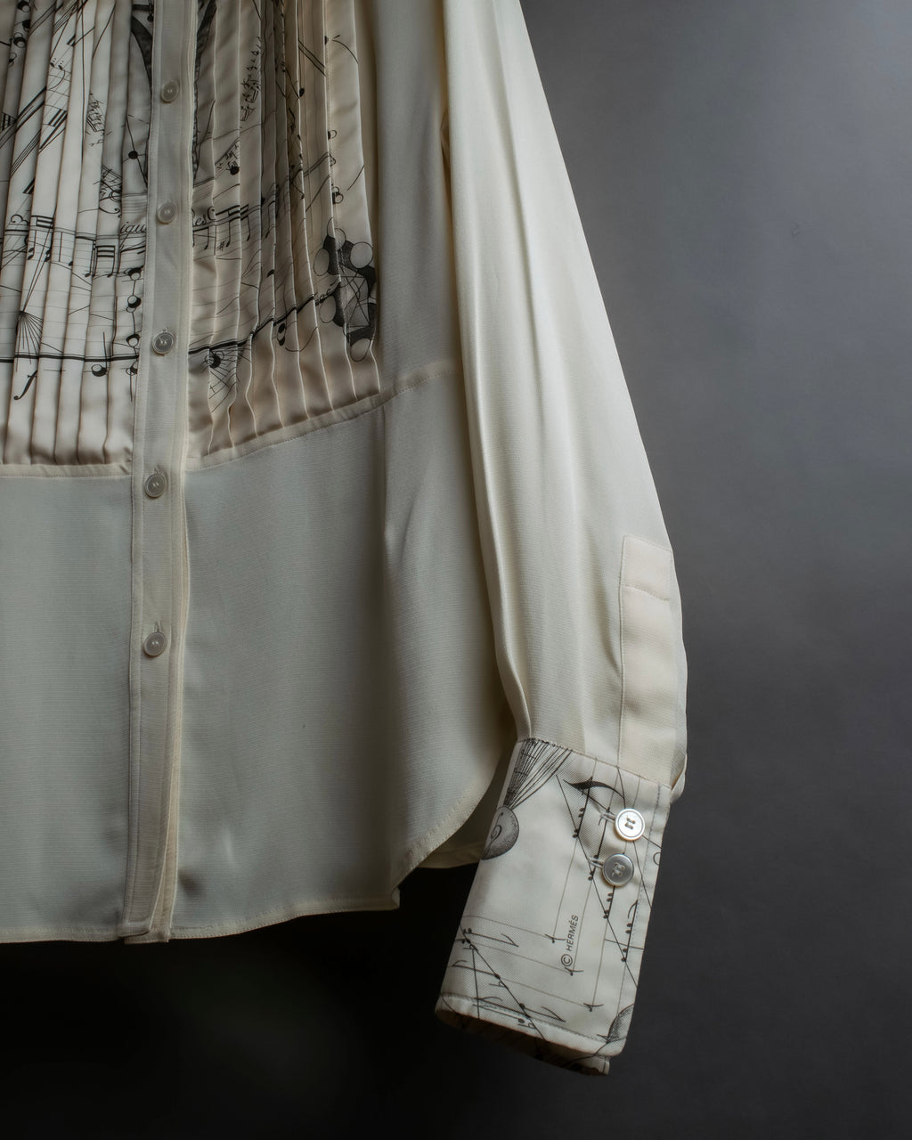 "HERMES" 90's Musical score motif front pleated shirt