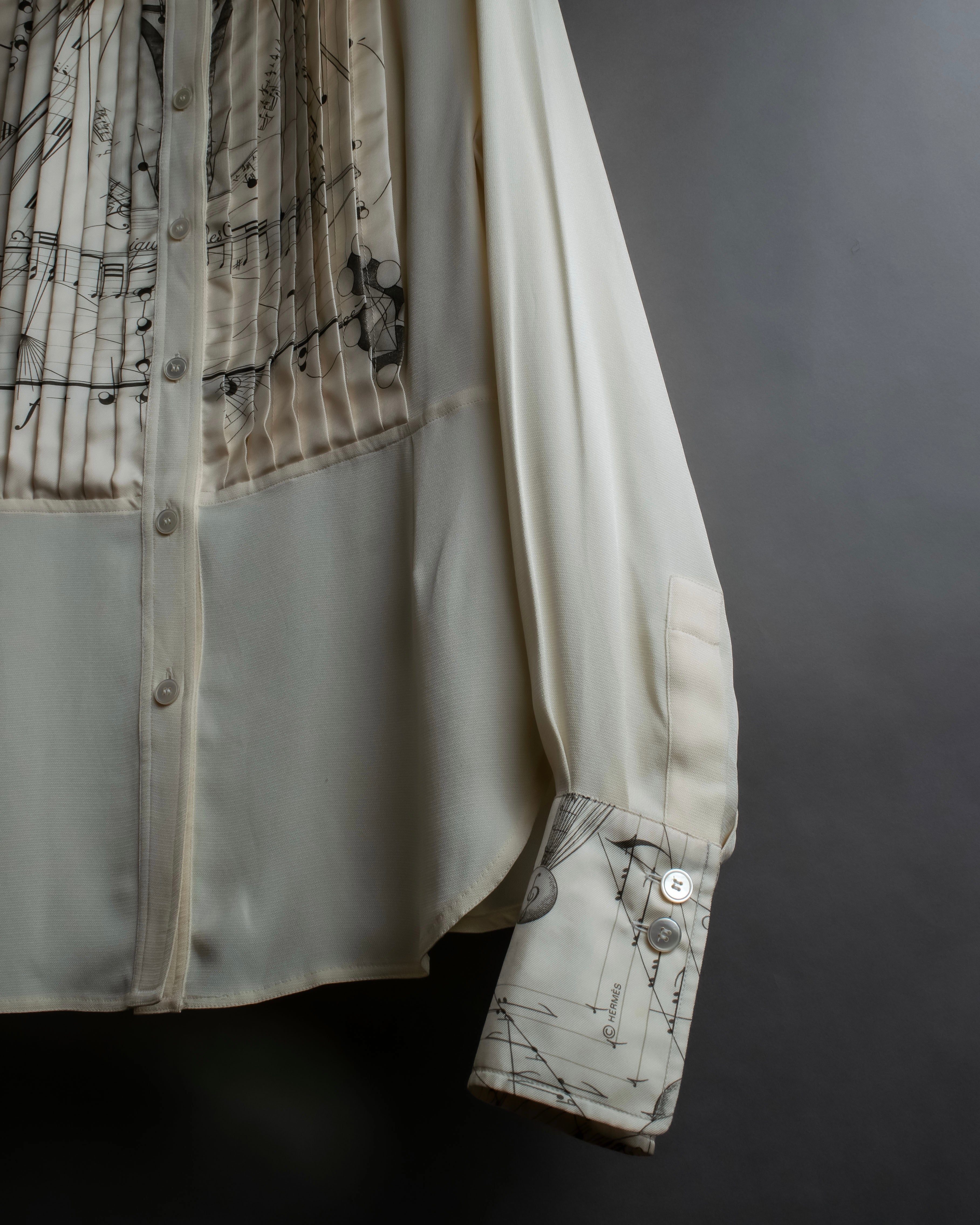 "HERMES" 90's Musical score motif front pleated shirt