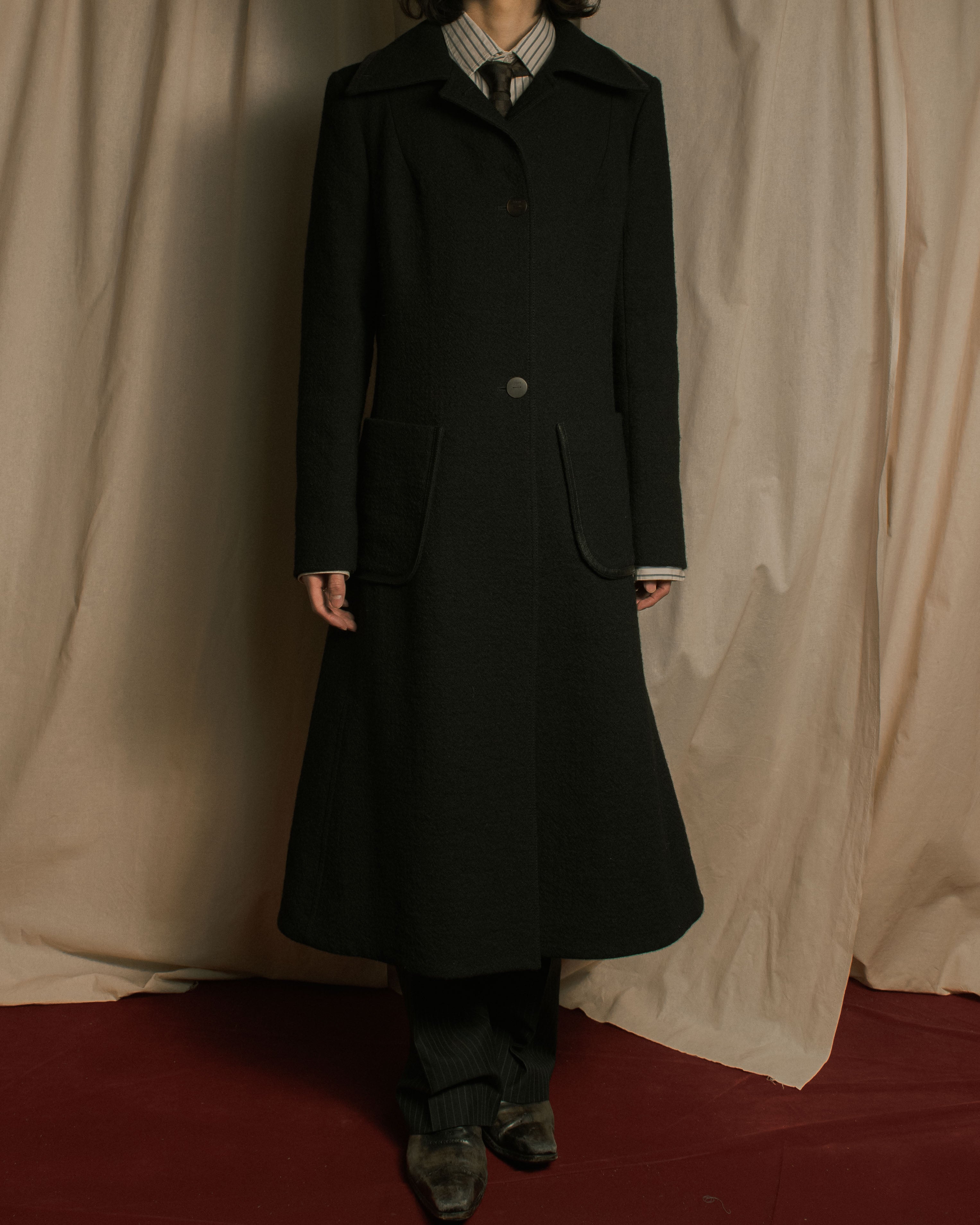 –SPECIALS– "LOEWE" 2017-2018 Minimal a-line calfskin piping coat