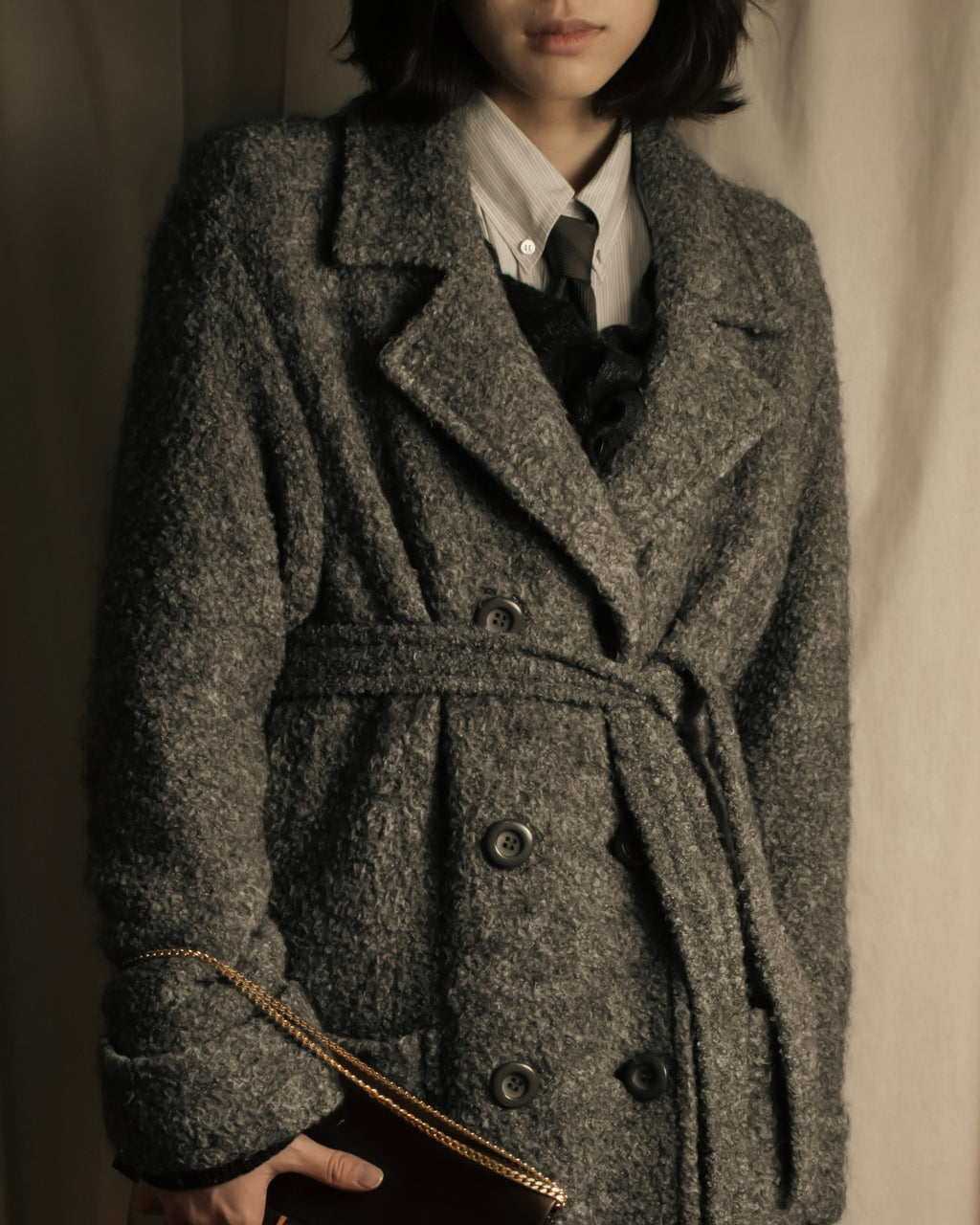 "YVES SAINT LAURENT" Double breasted belted brushedmaxi length chester coat