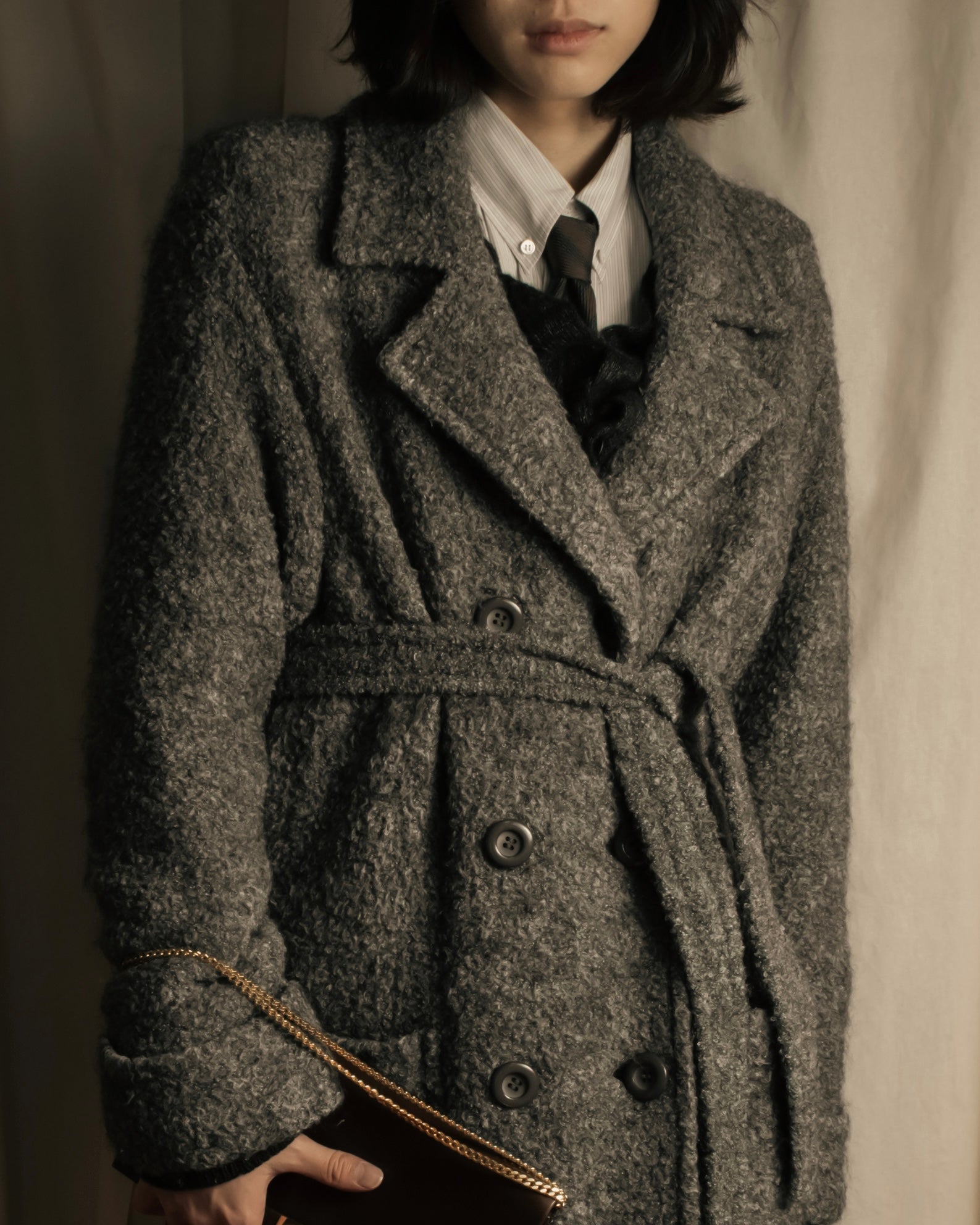 "YVES SAINT LAURENT" Double breasted belted brushedmaxi length chester coat