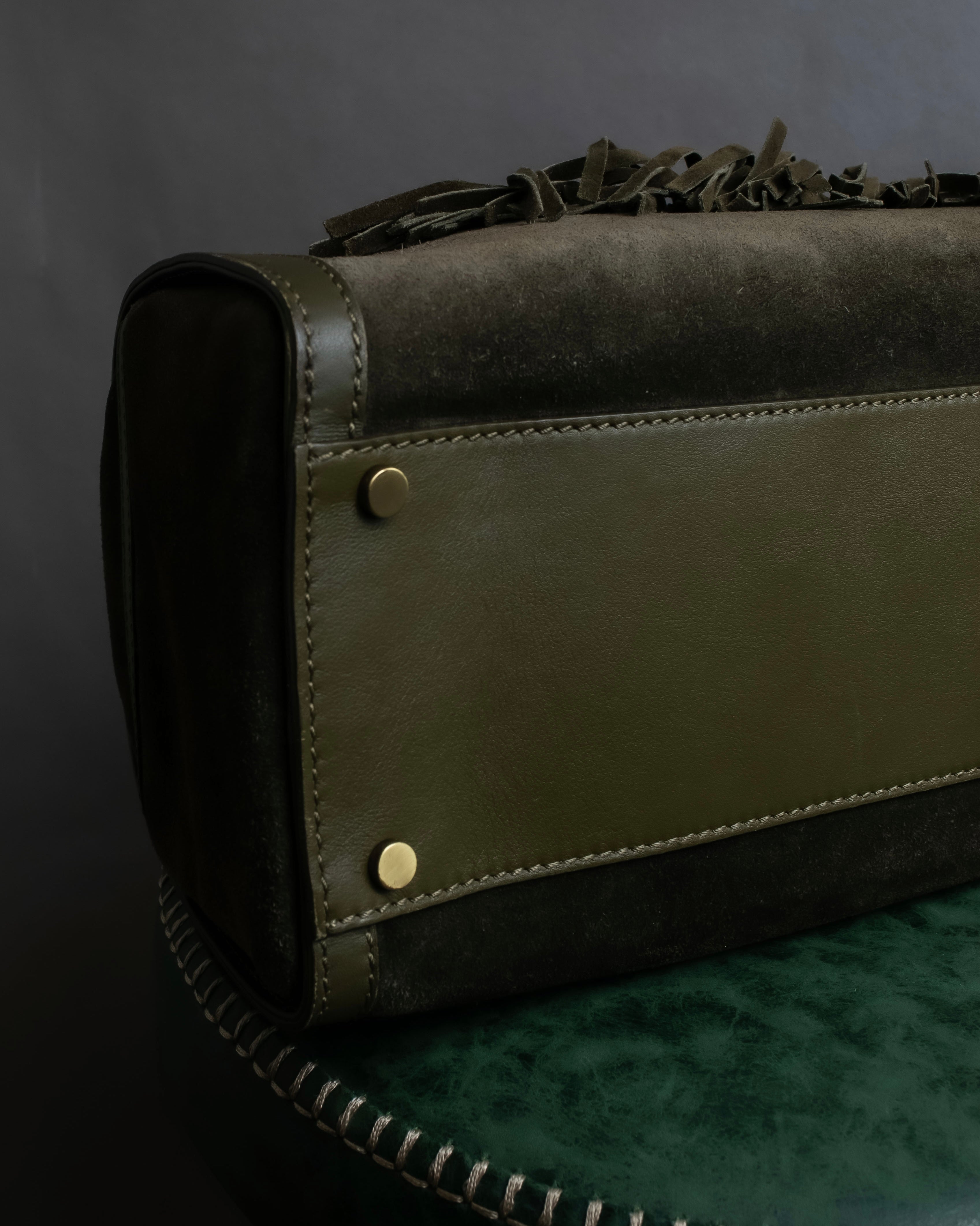"BURBERRY" Olive green fringe design boston bag