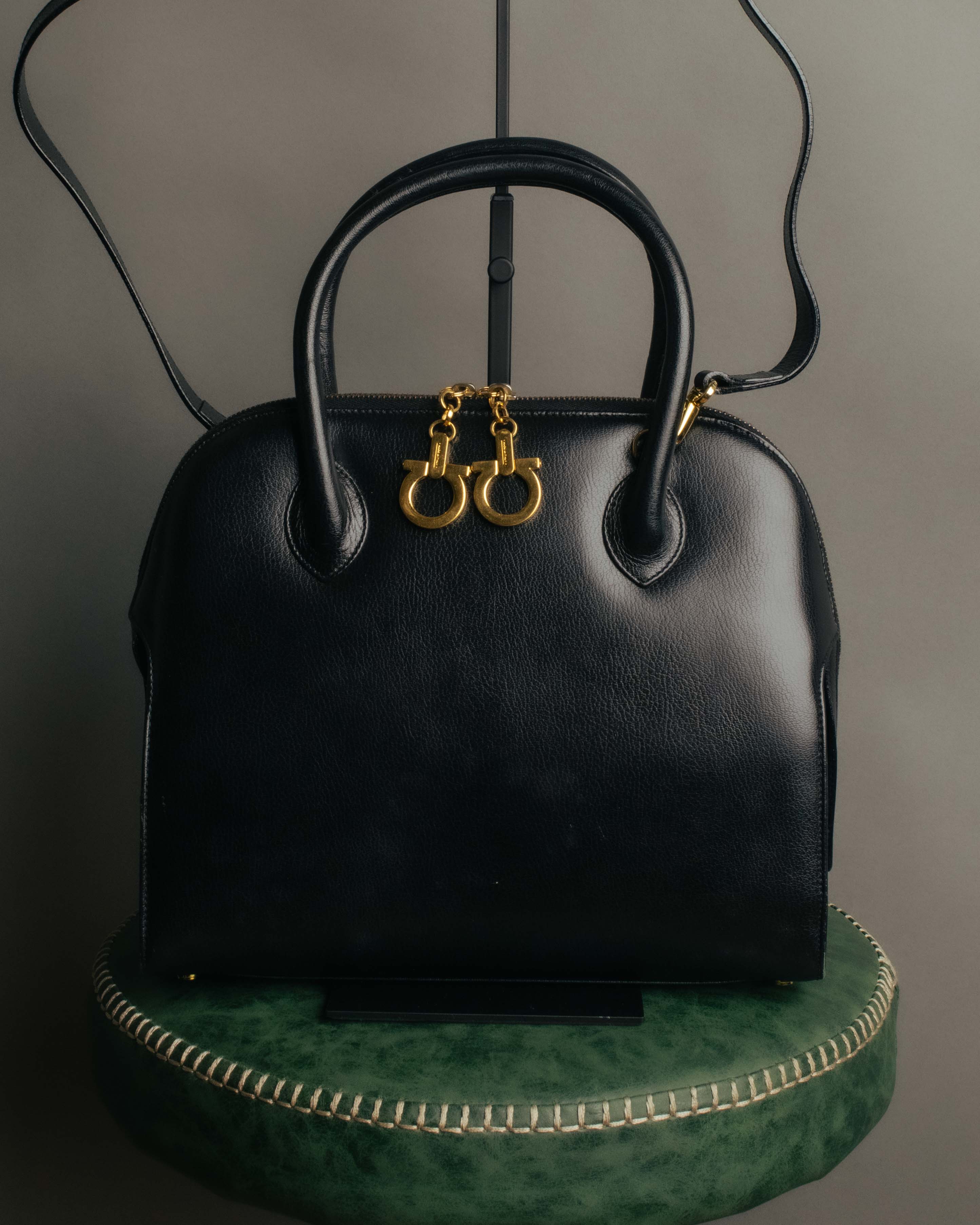 "Salvatore Ferragamo" 90's-00's Vintage iconic gancini pebbled leather dome top handle bag
