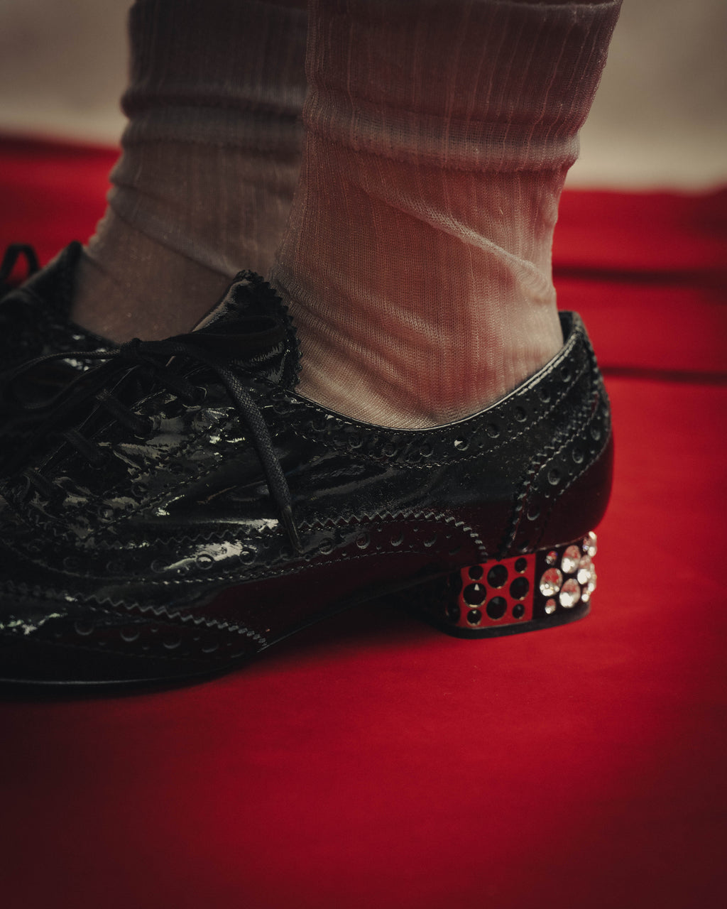 -SPECIAL- “Miu Miu” 2010’s Crystal embellished heel patent leather brogue shoes