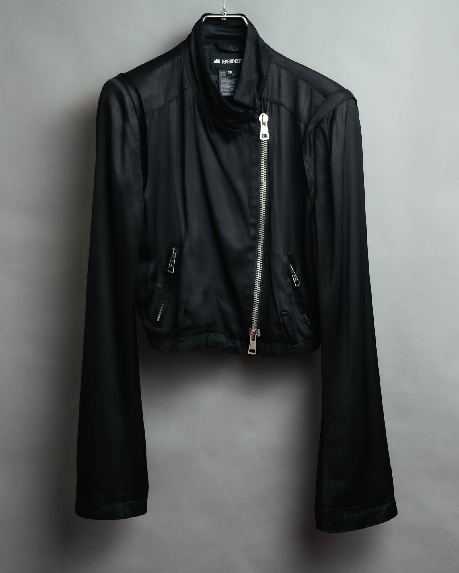 -SPECIAL- “ANN DEMEULEMEESTER” Pre-2012 asymmetric cropped satin biker jacket