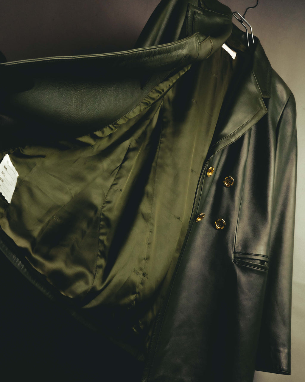 -SPECIAL- “LOEWE” 80’s-90’s Gold buttoned olive leather double-breasted tailored jacket