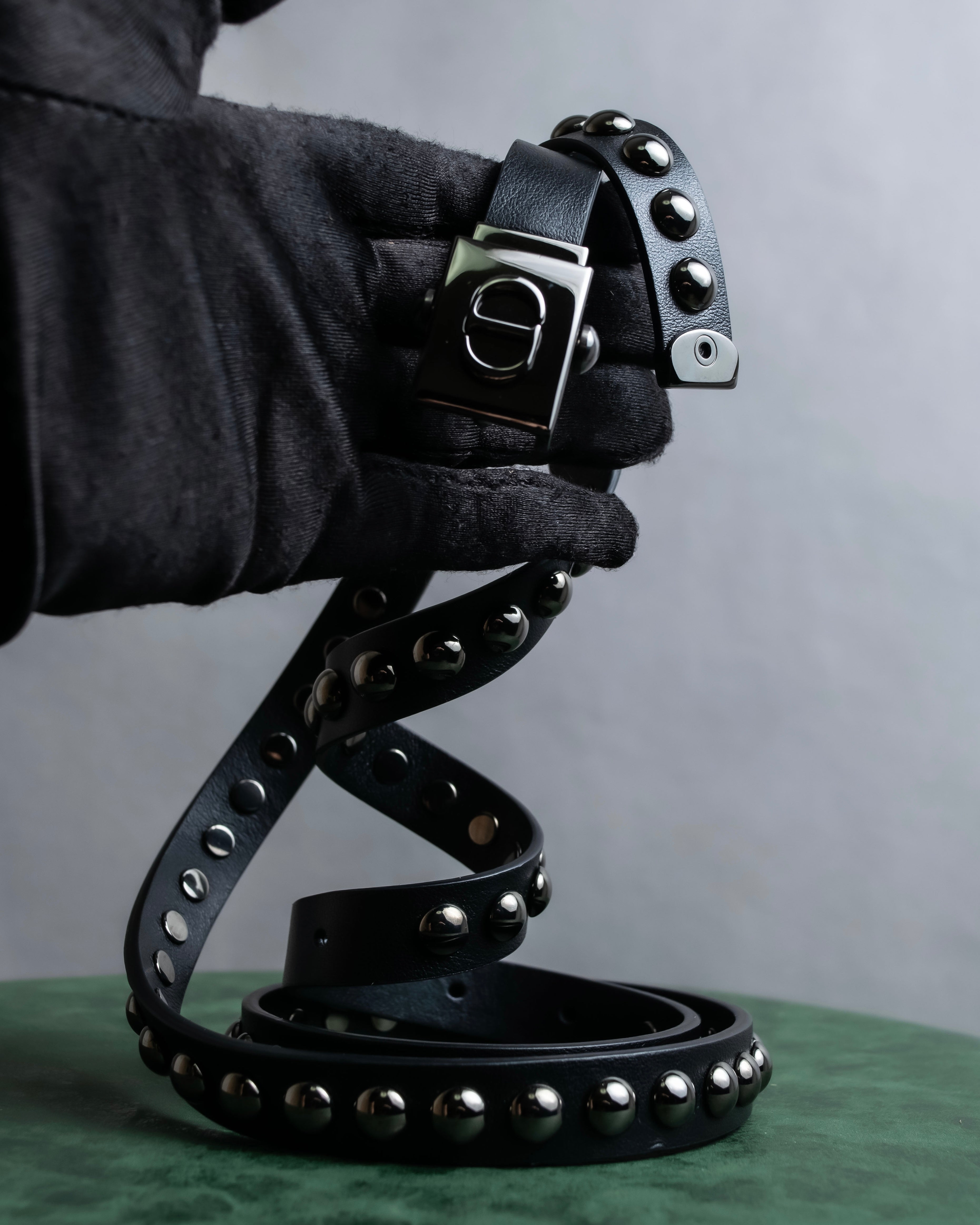 "Christian Dior" Silver stud detail narrow leather belt