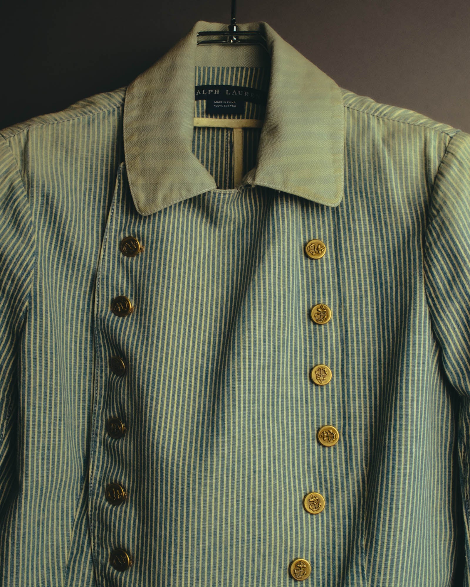 -SPECIAL- "Ralph Lauren" 00's Hickory stripe cotton double-breasted marine jacket