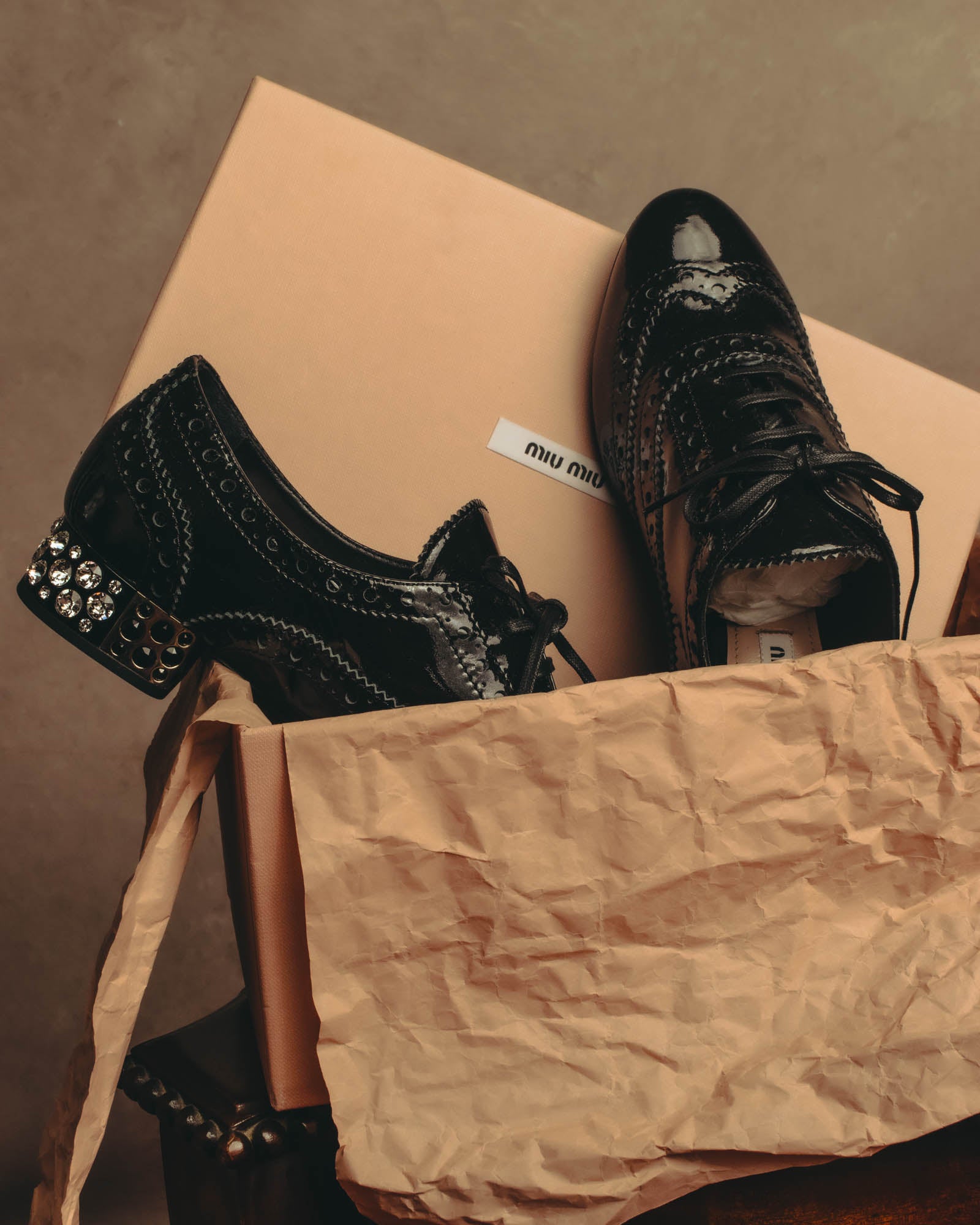 -SPECIAL- “Miu Miu” 2010’s Crystal embellished heel patent leather brogue shoes