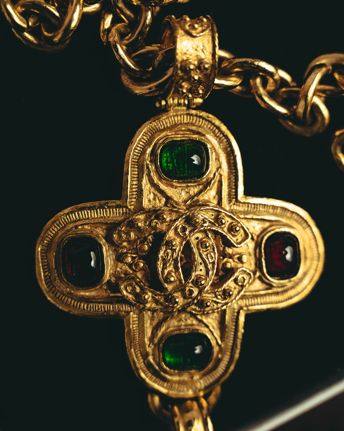 -SPECIAL- “CHANEL” 1994 AW Gripoix glass cross pendant tassel necklace