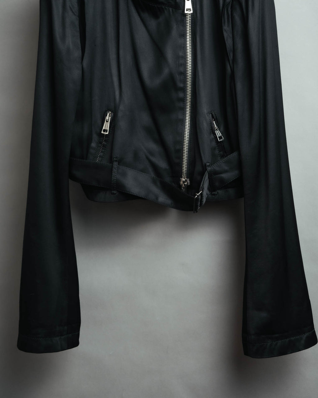 -SPECIAL- “ANN DEMEULEMEESTER” Pre-2012 asymmetric cropped satin biker jacket