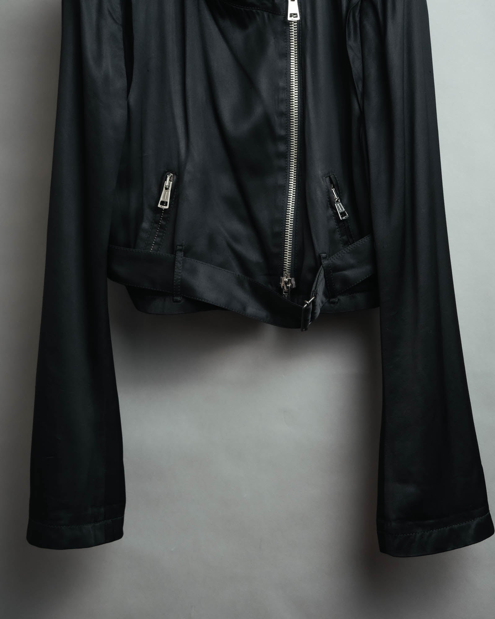 -SPECIAL- “ANN DEMEULEMEESTER” Pre-2012 asymmetric cropped satin biker jacket