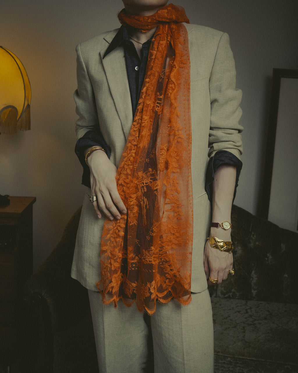 -SPECIAL- “HERMÈS” 2000’s-2010’s orange floral mesh lace stole