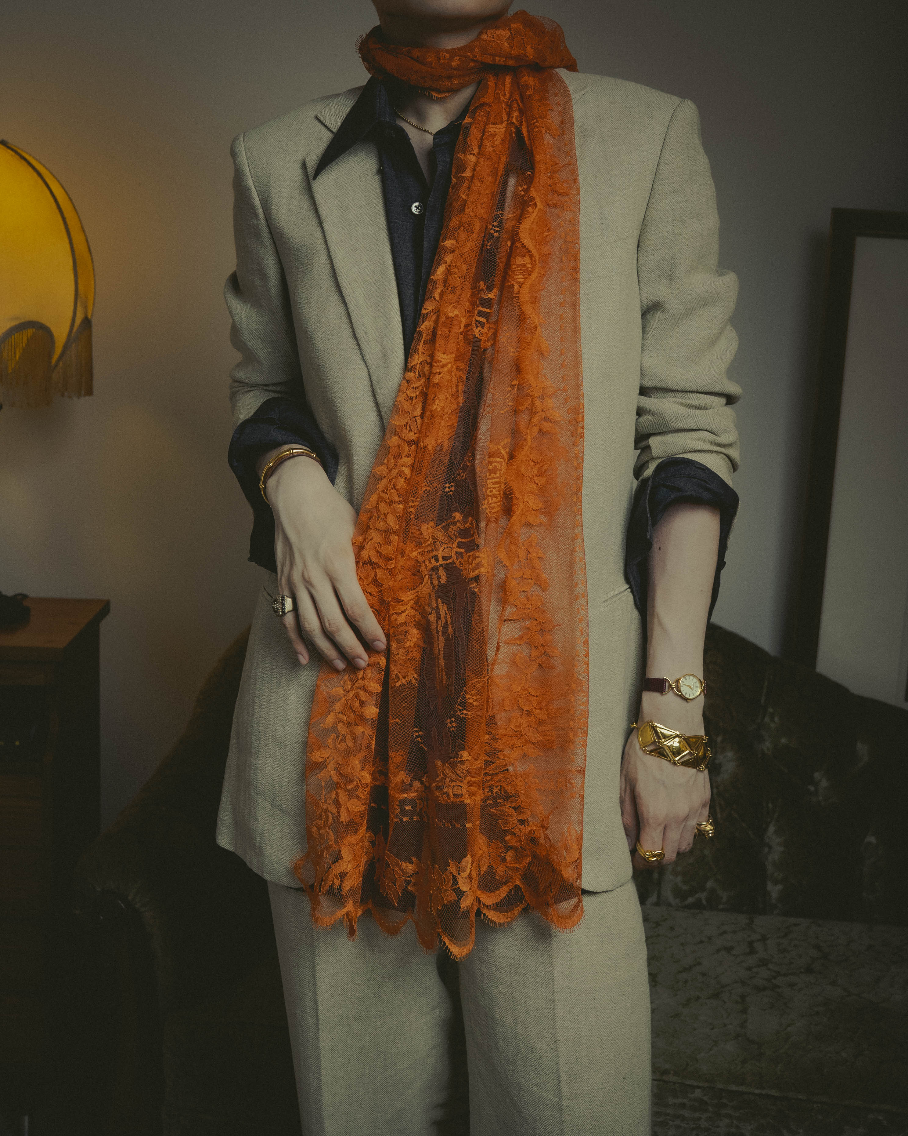 -SPECIAL- “HERMÈS” 2000’s-2010’s orange floral mesh lace stole