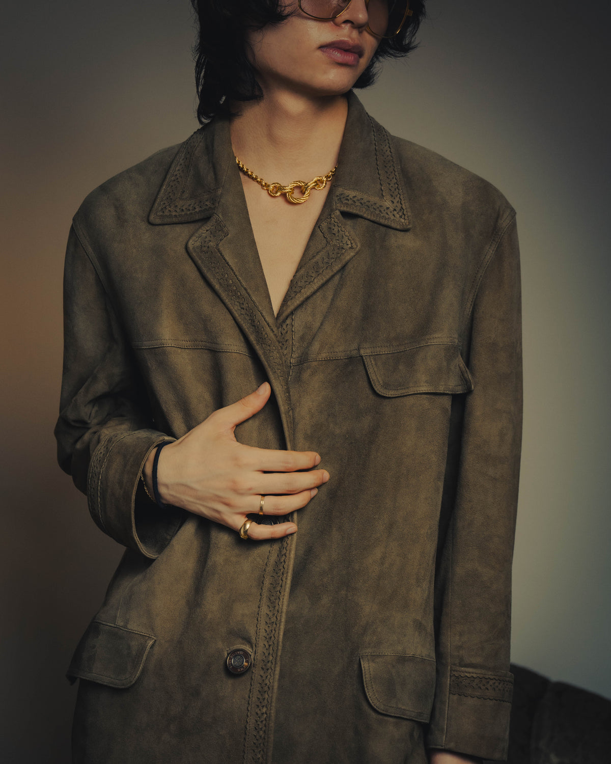 -SPECIAL- “LOEWE” 70’s-80’s Perforated trim suede long jacket