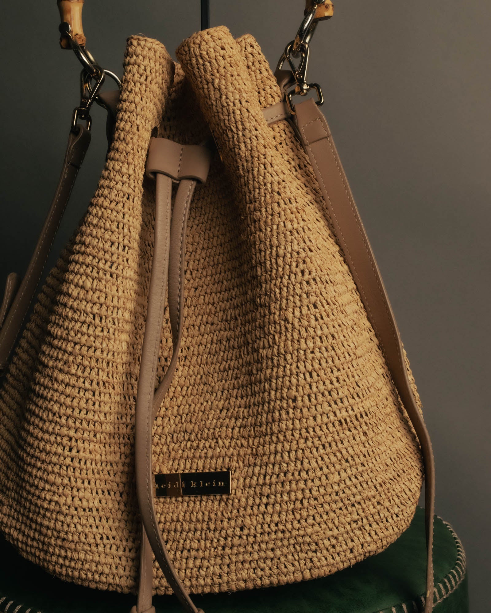 “Heidi Klein” Natural raffia bamboo handle bucket bag