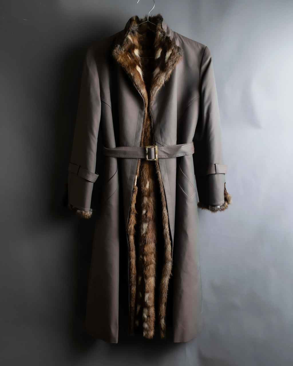 "HIROKI" Real fur lined maxi length belted coat