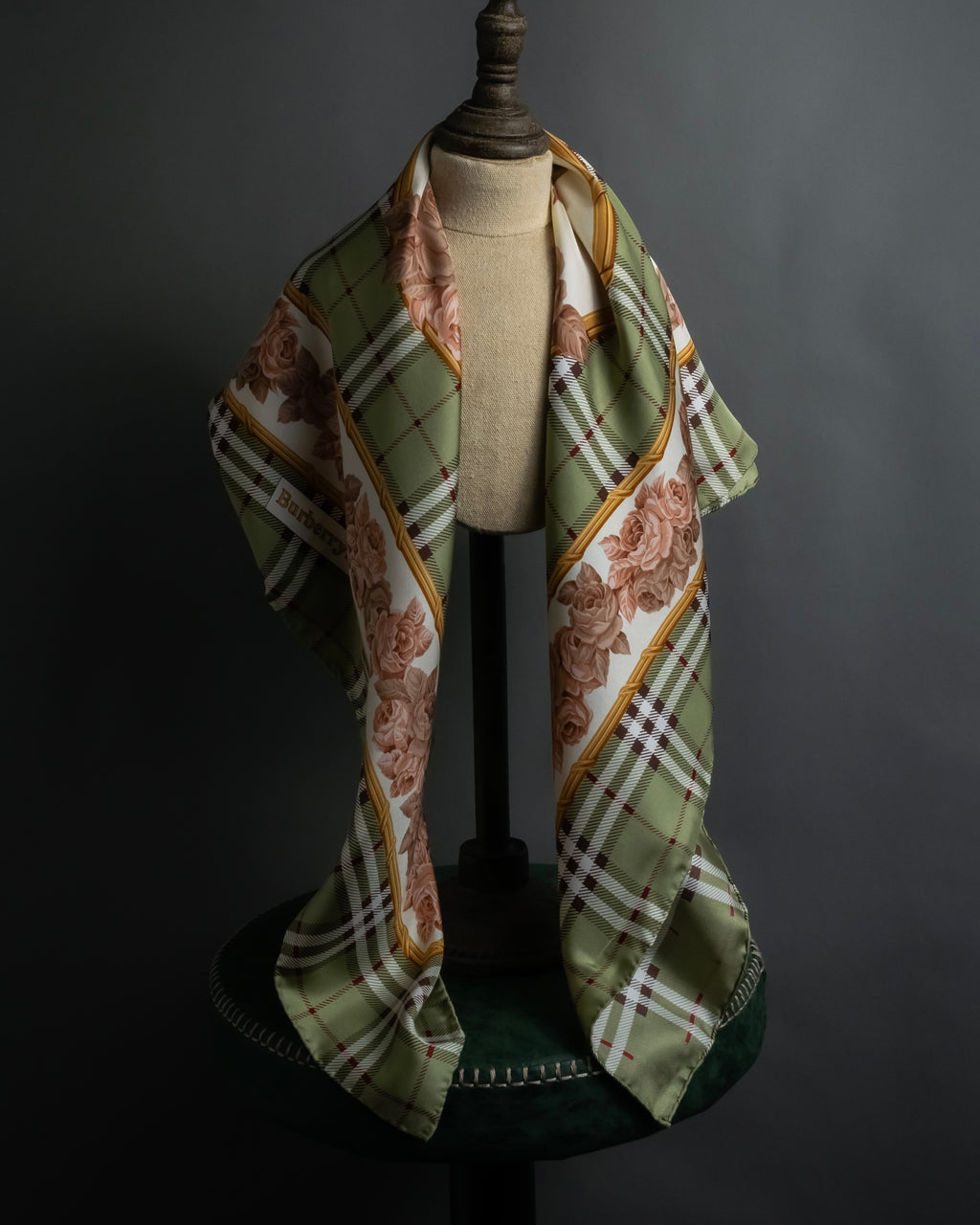 "BURBERRYS" Rose motif layered check pattern silk scarf