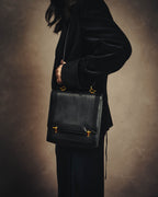 -SPECIAL- “HERMÈS” 80’s-90’s Camargue black leather and canvas shoulder bag