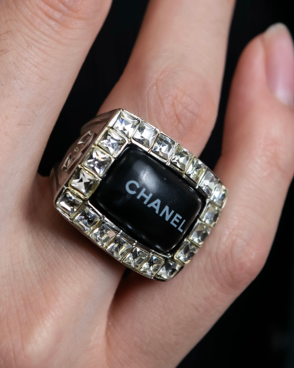 "CHANEL" 00AW Karl Lagerfeld period clear stone design logo engraved ring