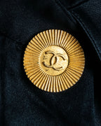 "CHANEL" Coco mark button design black glossy shirt