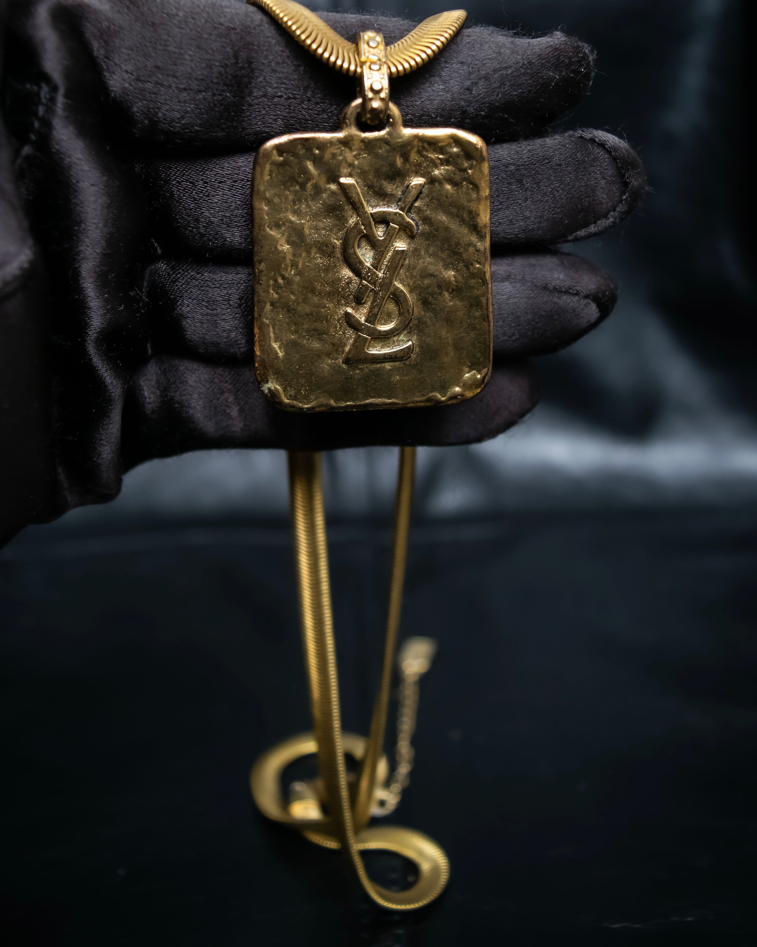 "Yves Saint Laurent" YSL logo plate gold necklace