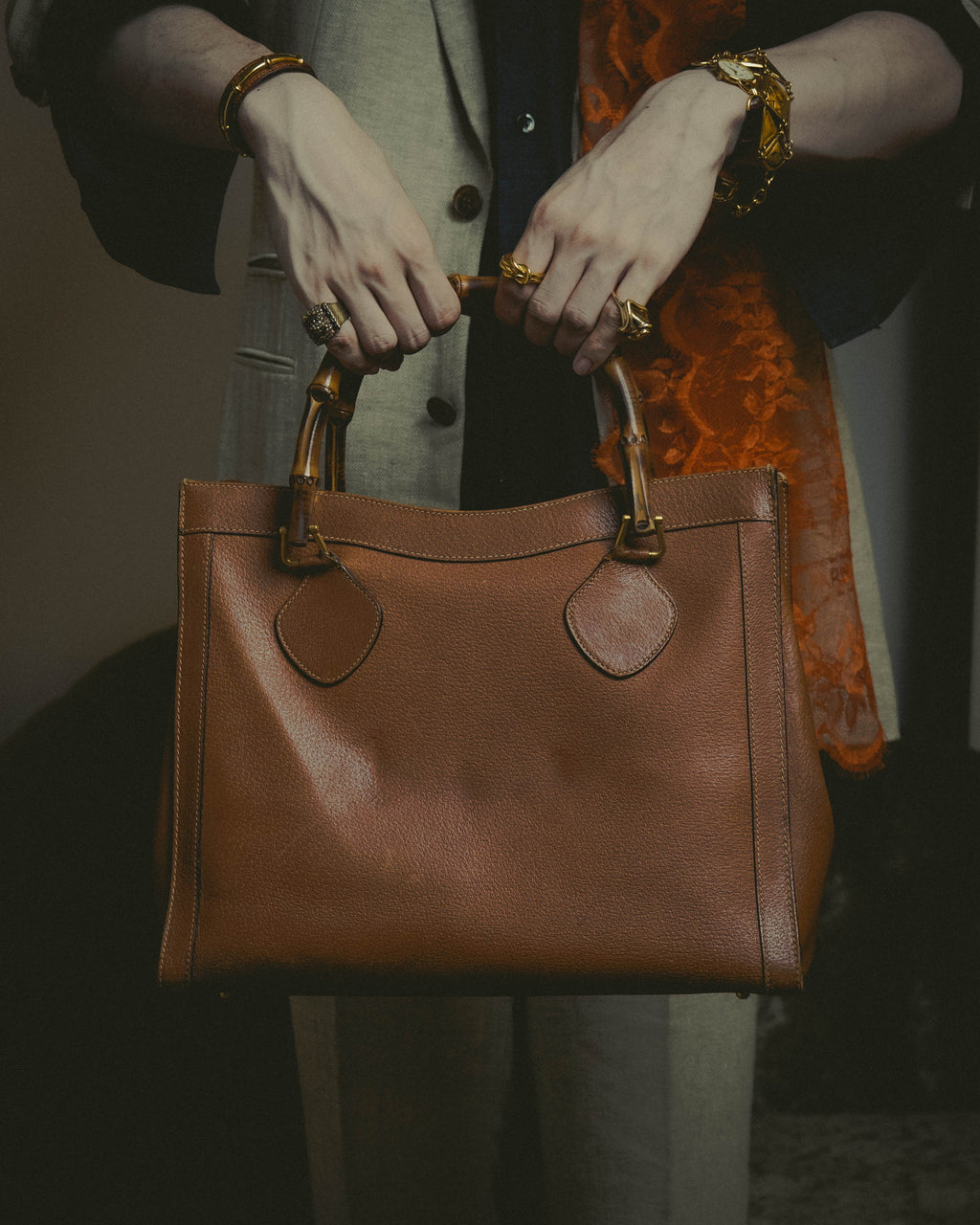 "GUCCI" 80's-90's Bamboo handle leather tote bag