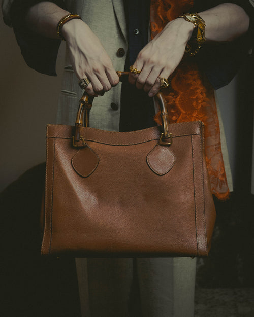 "GUCCI" 80's-90's Bamboo handle leather tote bag