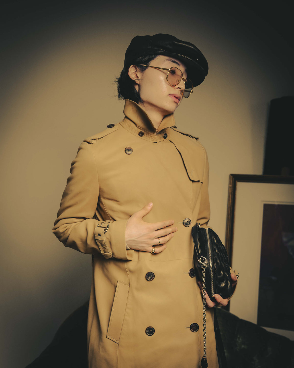 –SPECIAL– “Maison Martin Margiela” 2012AW Leather trench coat with Line 4 printed lining