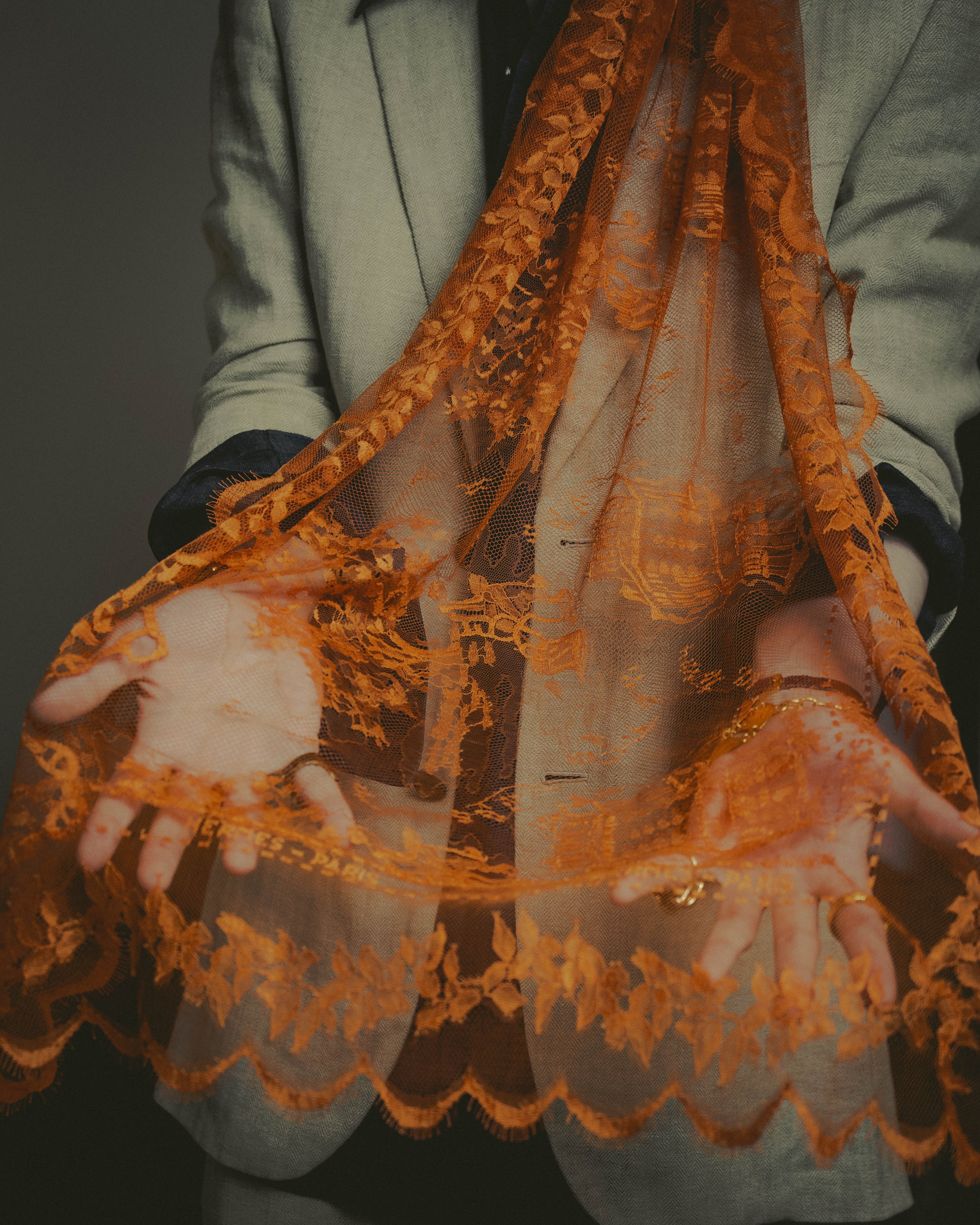 -SPECIAL- “HERMÈS” 2000’s-2010’s orange floral mesh lace stole