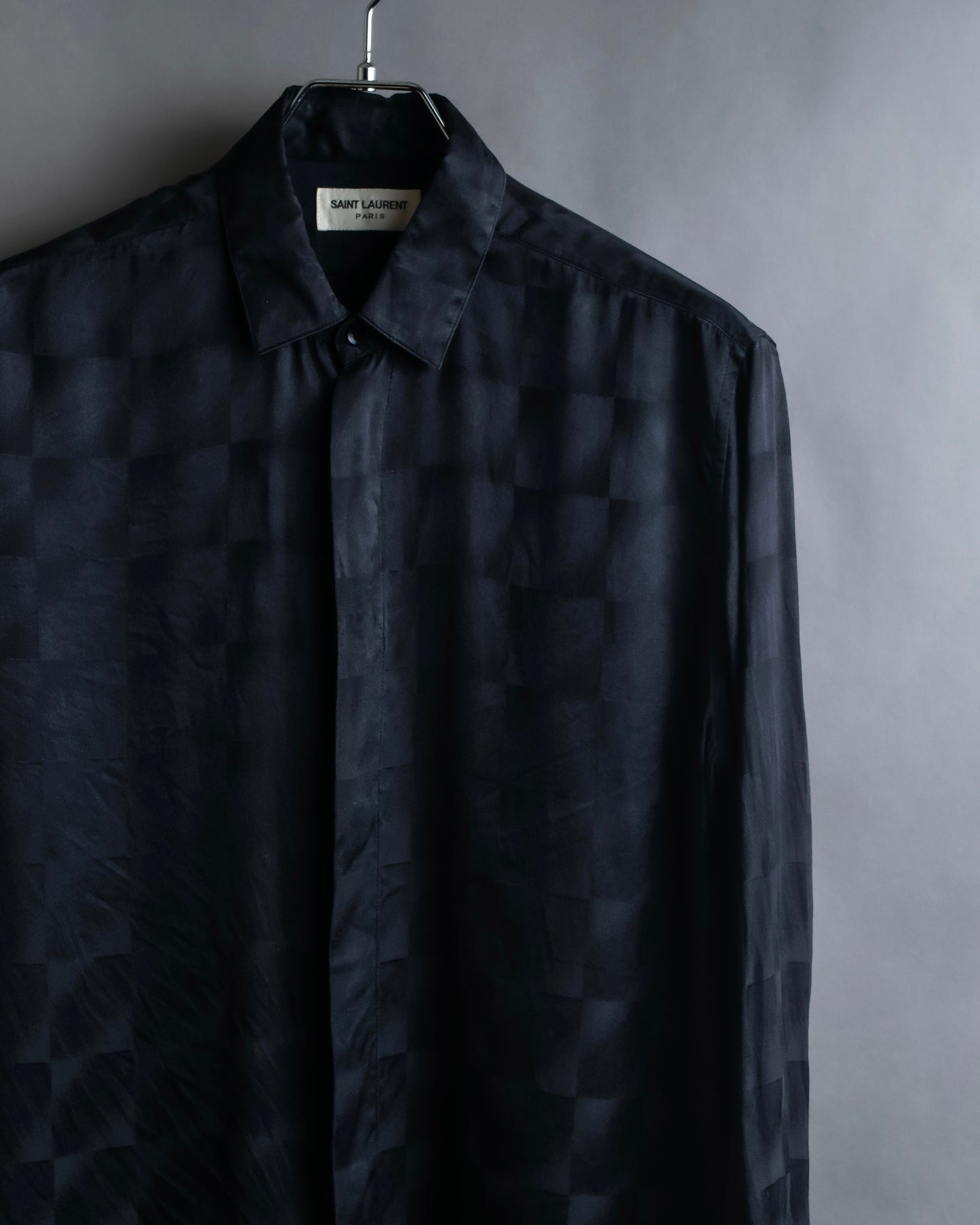 "Saint Laurent Paris" Geometric pattern fly front silk shirt