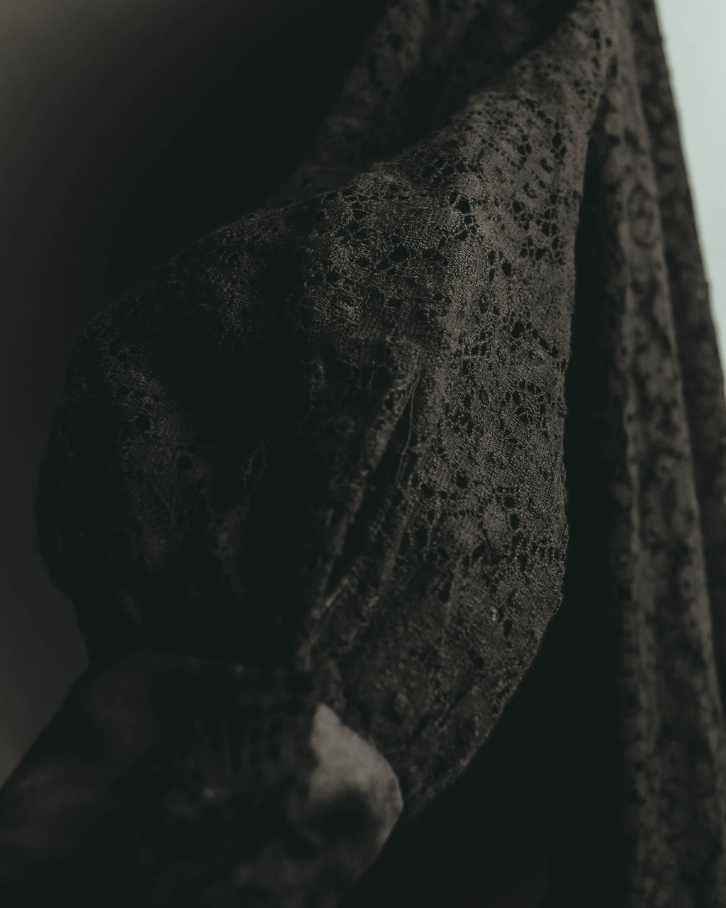 透かし柄が美しいブラックレースの袖部分を捉えた素材アップ。繊細な柄行きと柔らかな凹凸、袖口に配された光沢のあるカフスの質感差が分かるカットです。