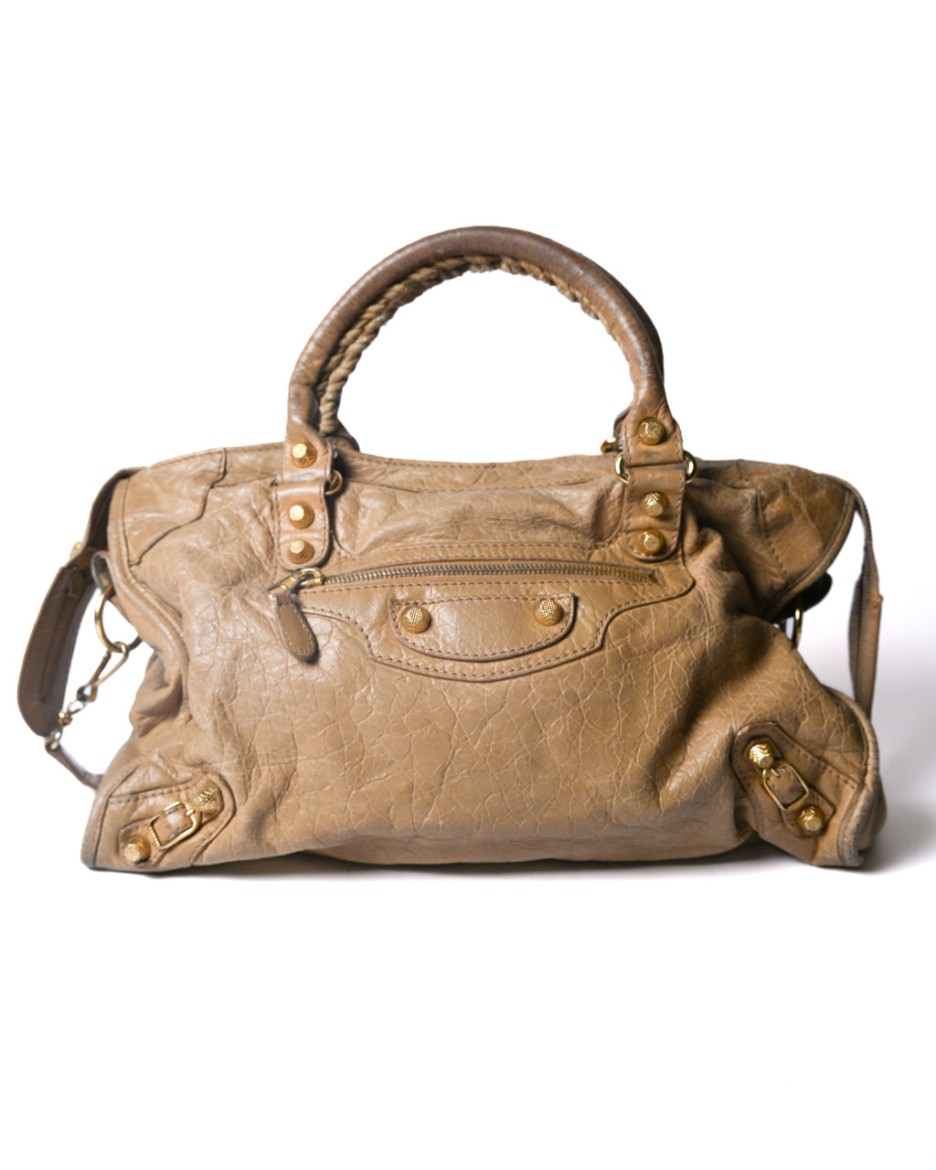 BALENCIAGA/ “Giant City” Gold Studs 2 Way Handbag Beige