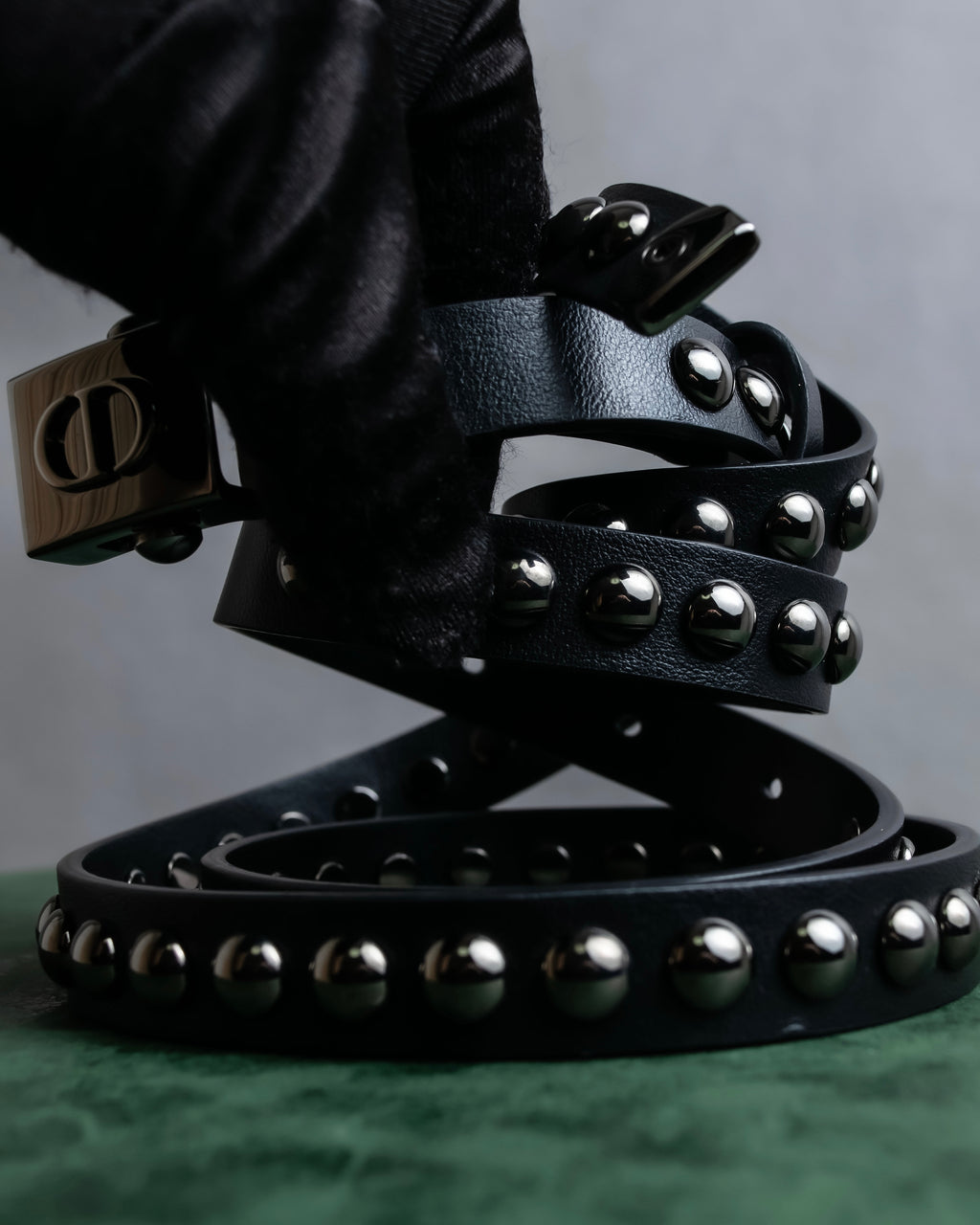 "Christian Dior" Silver stud detail narrow leather belt