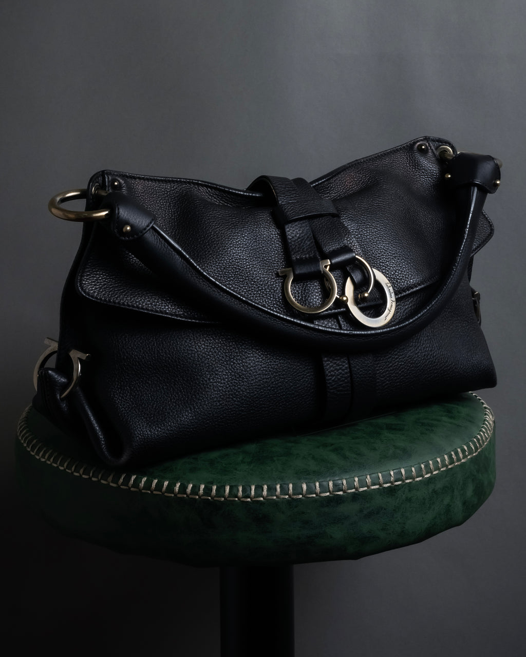 "Salvatore Ferragamo" Gancini reconstructed design shrink leather bag